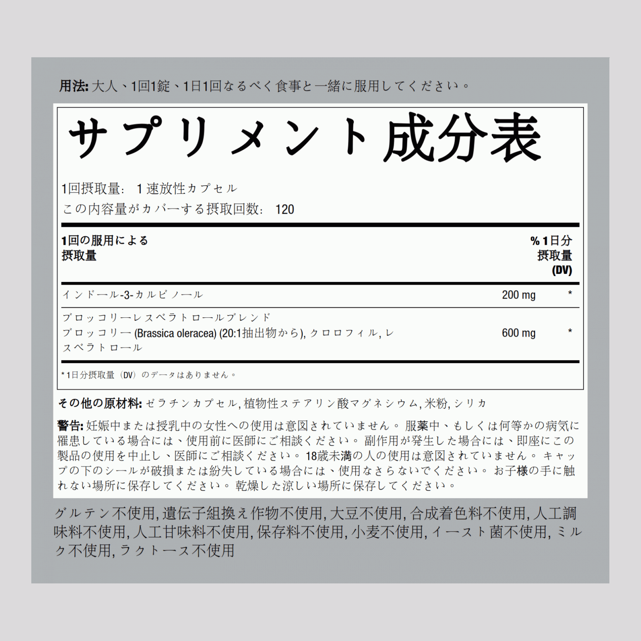 インドール-3-カルビノール 、レスベラトロール配合 200 mg 120 速放性カプセル     