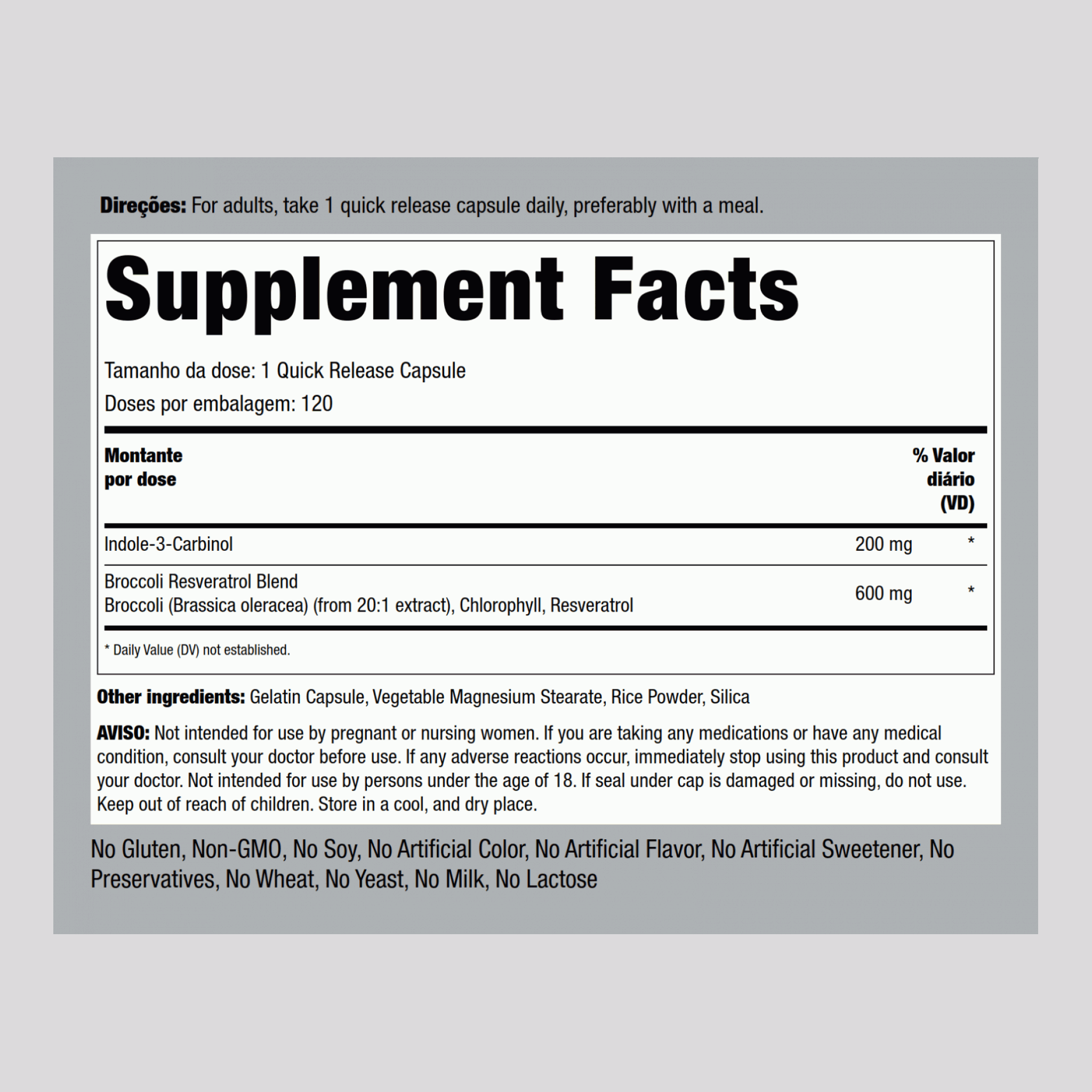 Indole-3-carbinol com resveratrol 200 mg 120 Cápsulas de Rápida Absorção     