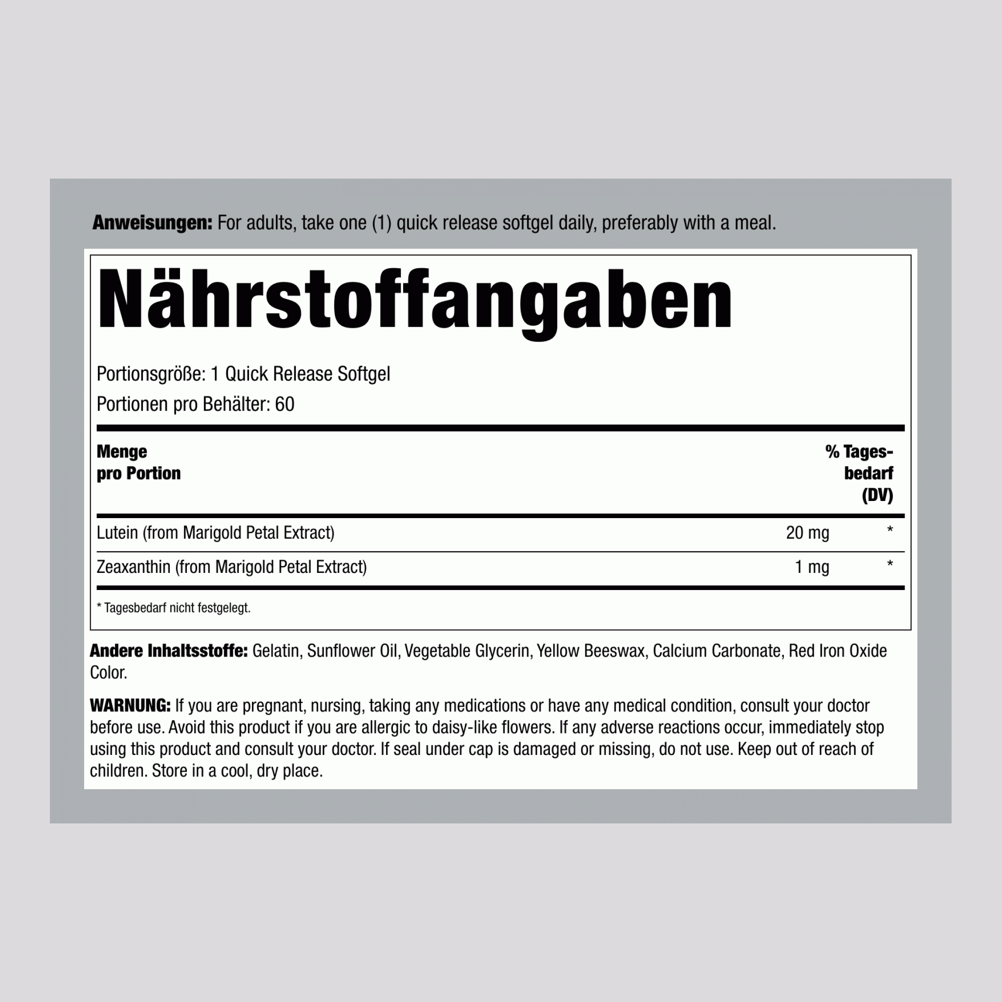 Lutein 20 mg mit Zeaxanthin 60 Softgele mit schneller Freisetzung       