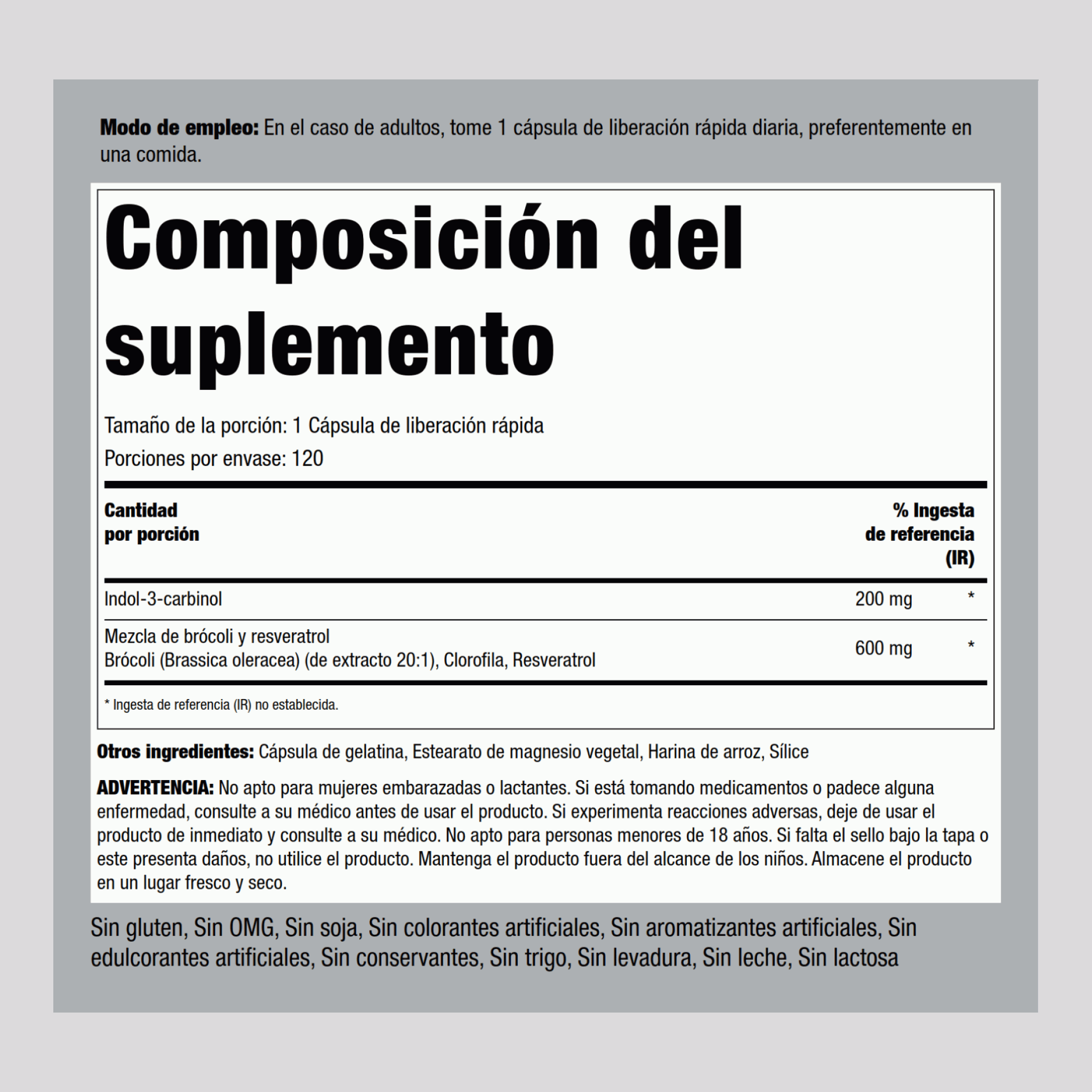 Indole-3-Carbinol con Resveratrol,  200 mg 120 Cápsulas de liberación rápida 2 Botellas/Frascos