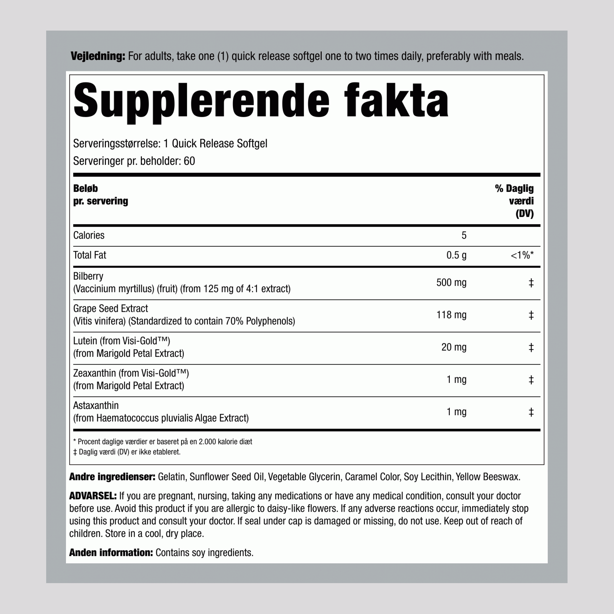 Øjenunderstøttelse med lutein 60 Softgel for hurtig frigivelse       