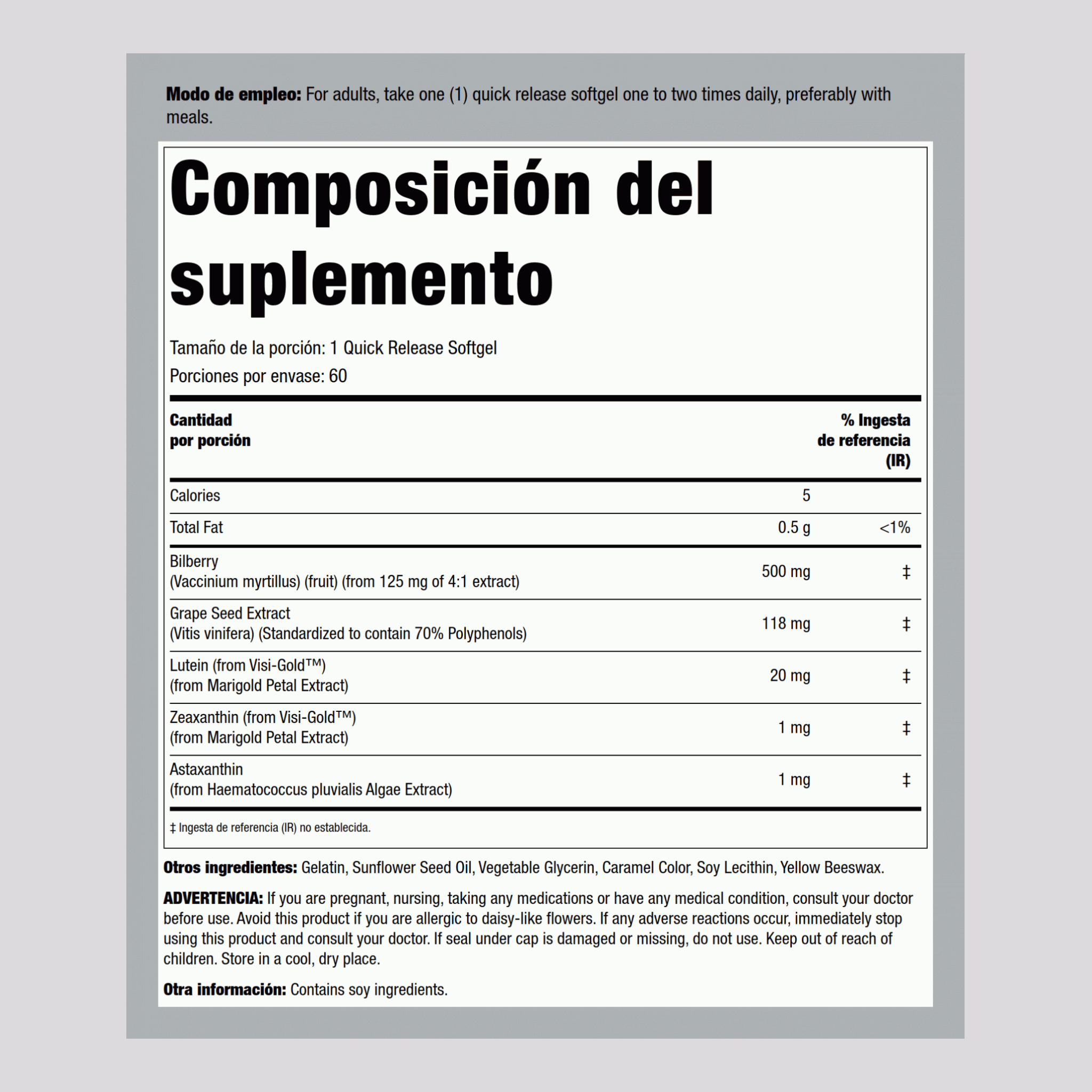 Ayuda ocular con luteína 60 Cápsulas blandas de liberación rápida       