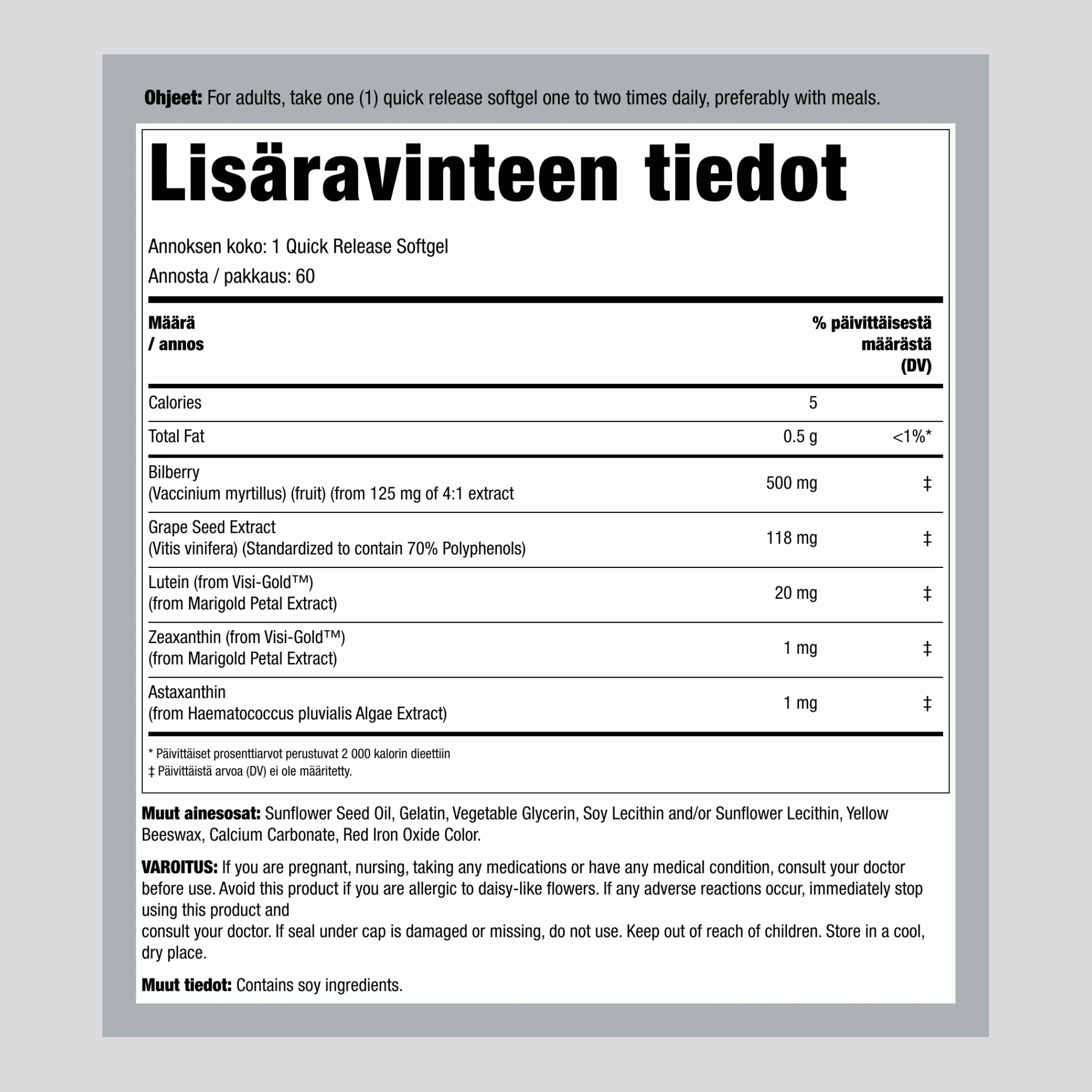 Silmätuki luteiinilla,  60 Pikaliukenevat geelit 2 Pulloa