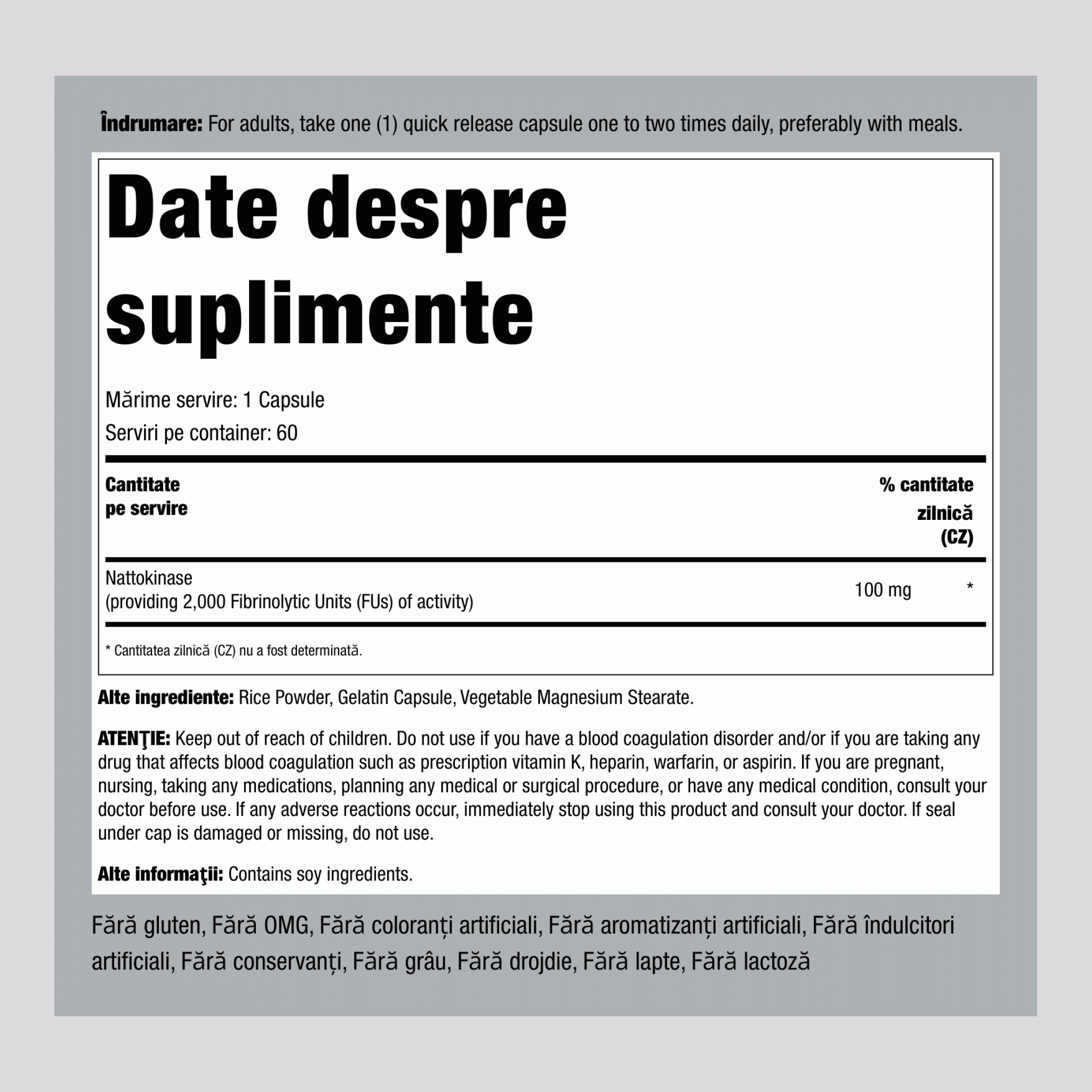 Natokinază (2,000 FU) 100 mg 60 Capsule cu eliberare rapidă     