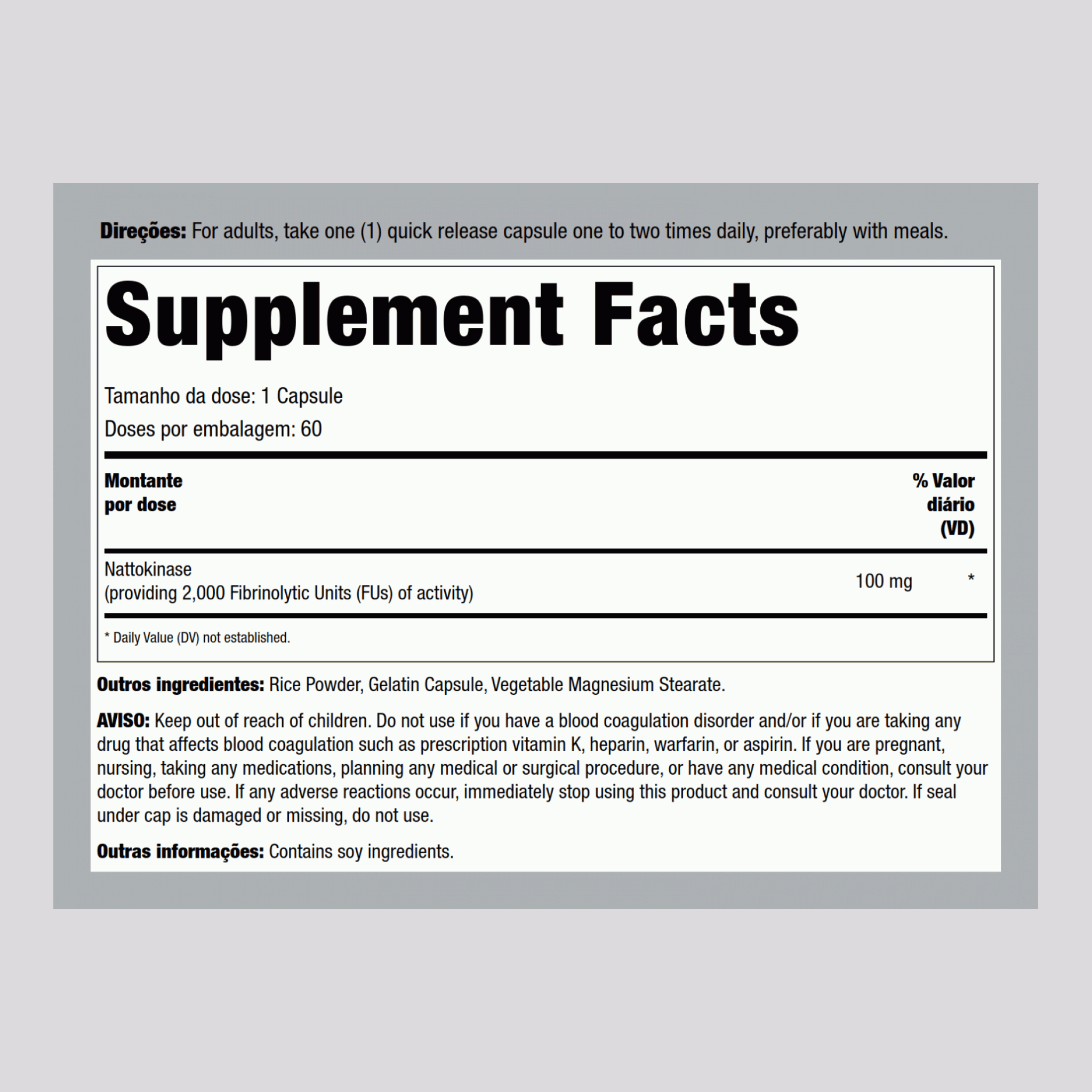 Nattokinase (2,000 FU) 100 mg 60 Cápsulas de Rápida Absorção     