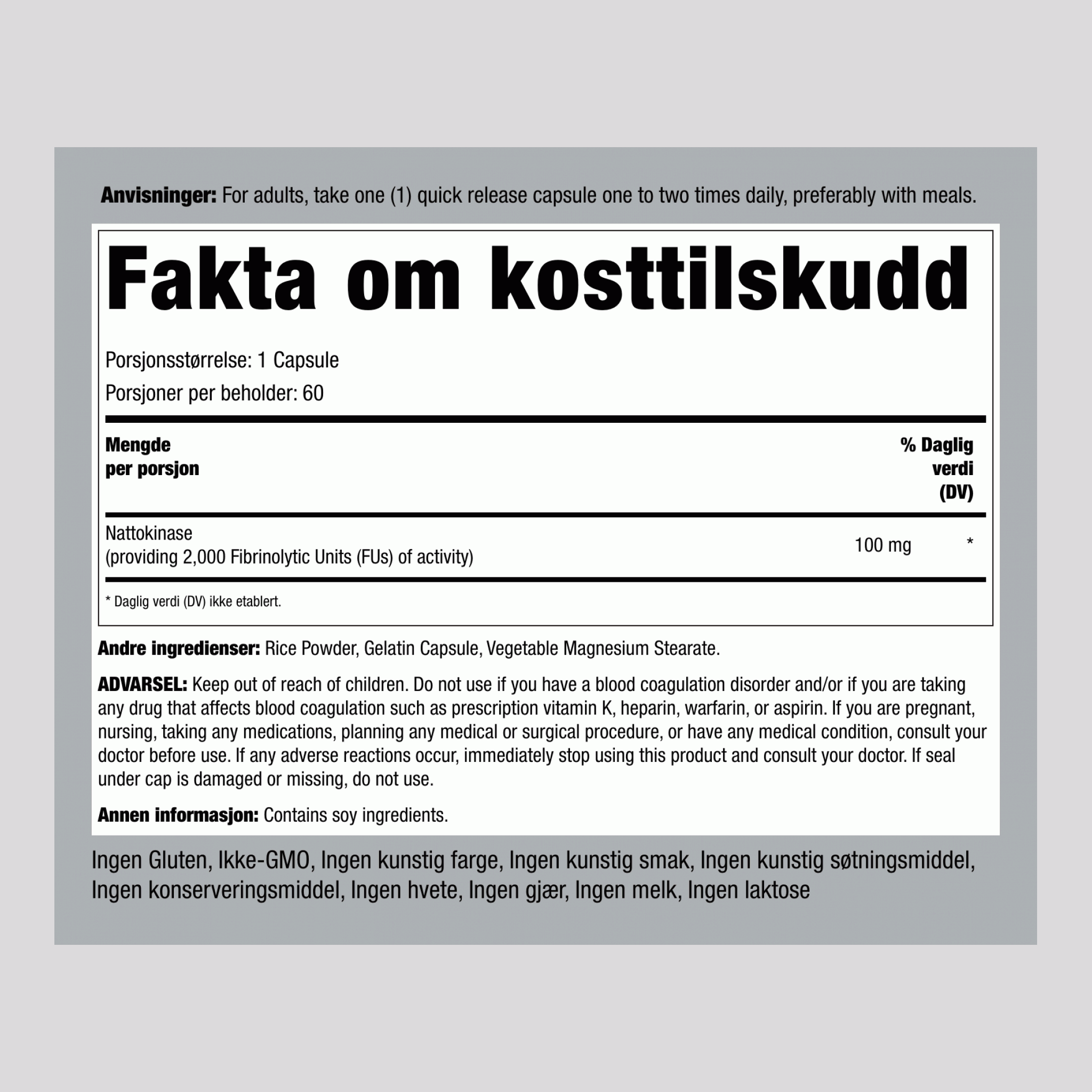 Nattokinase (2,000 FU), 100 mg 60 Hurtigvirkende kapsler 2 Flasker