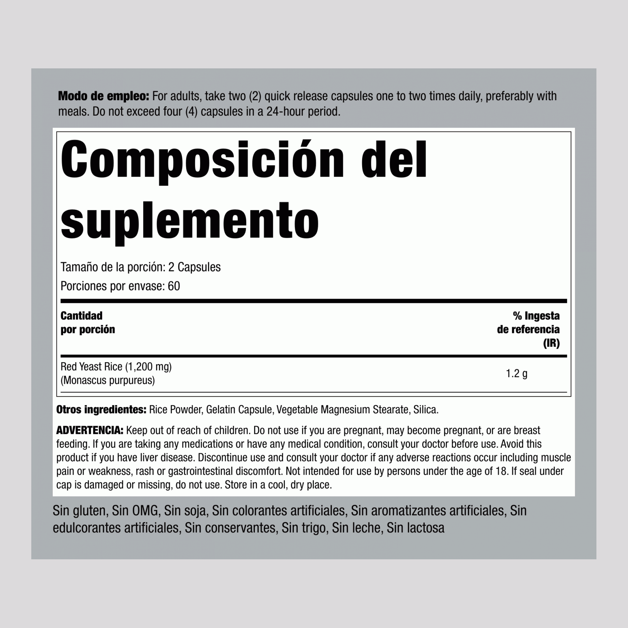 Arroz de levadura roja ,  600 mg 120 Cápsulas de liberación rápida 2 Botellas/Frascos