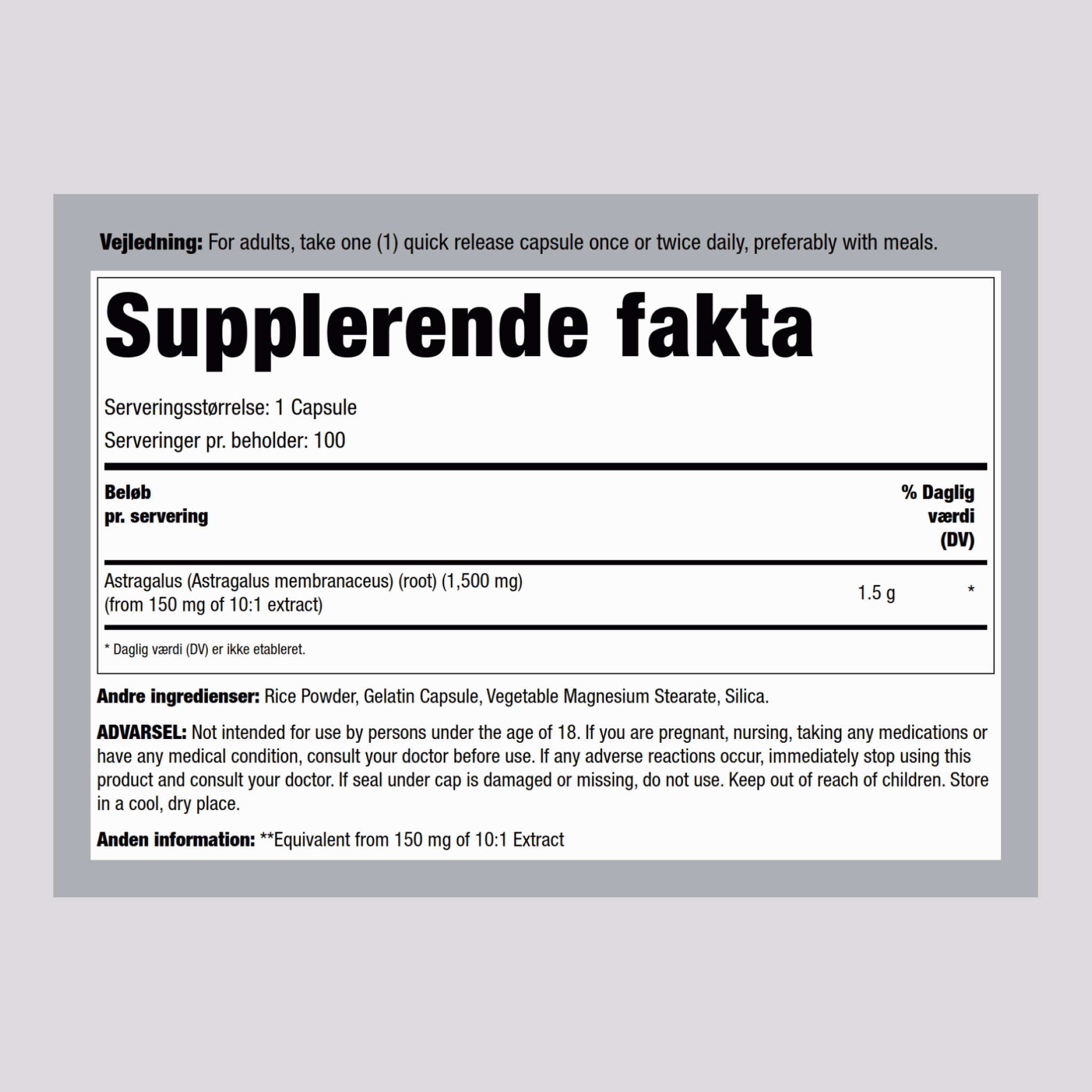 Astragalus-rodekstrakt 1500 mg 100 Kapsler     
