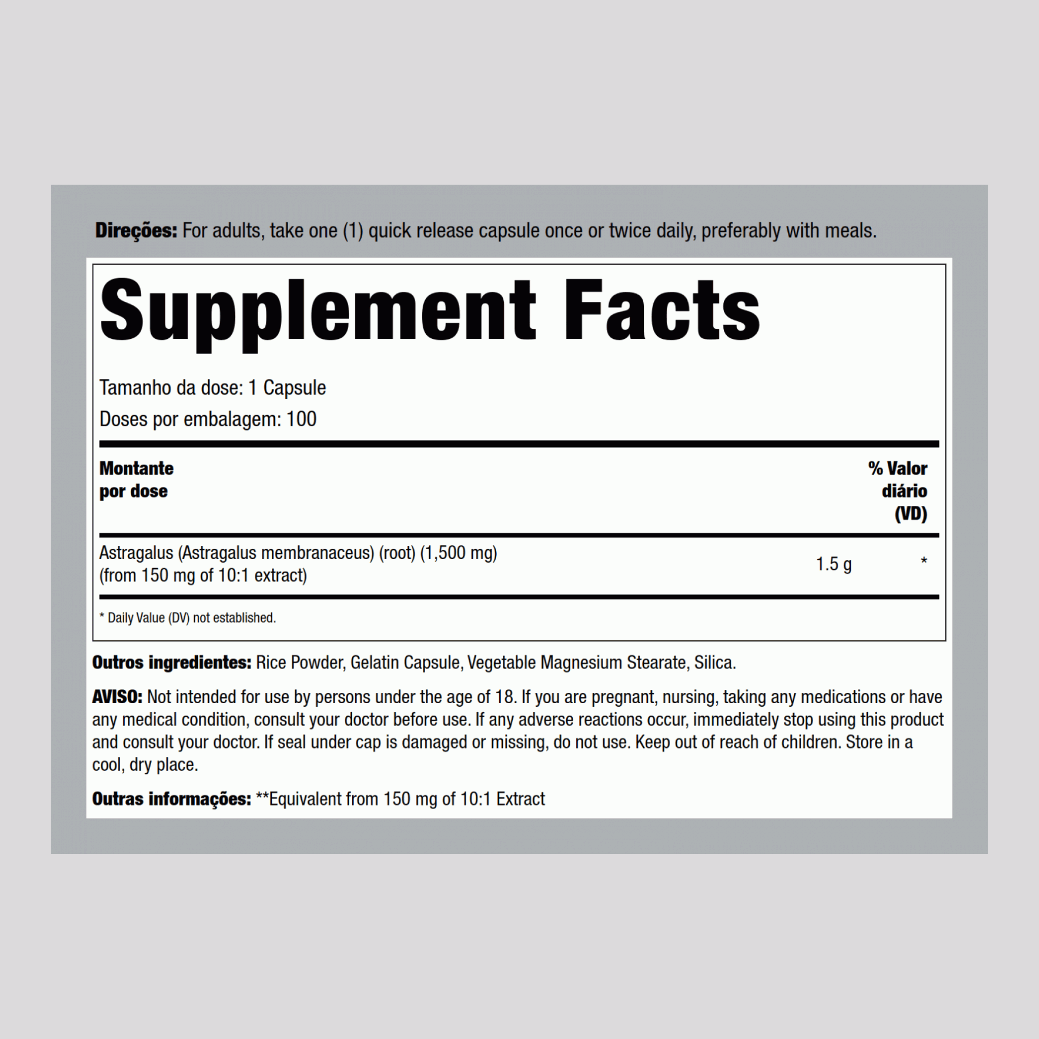 Extrato de Raiz de Astragalus 1500 mg 100 Cápsulas     