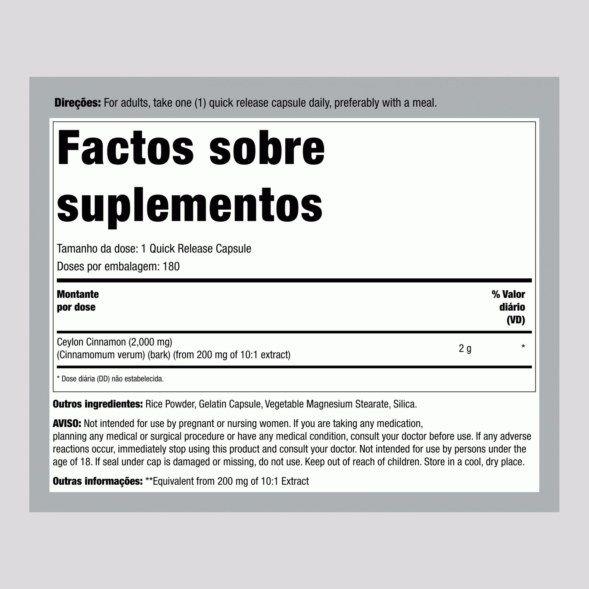 Canela Ceylon  2000 mg 180 Cápsulas     