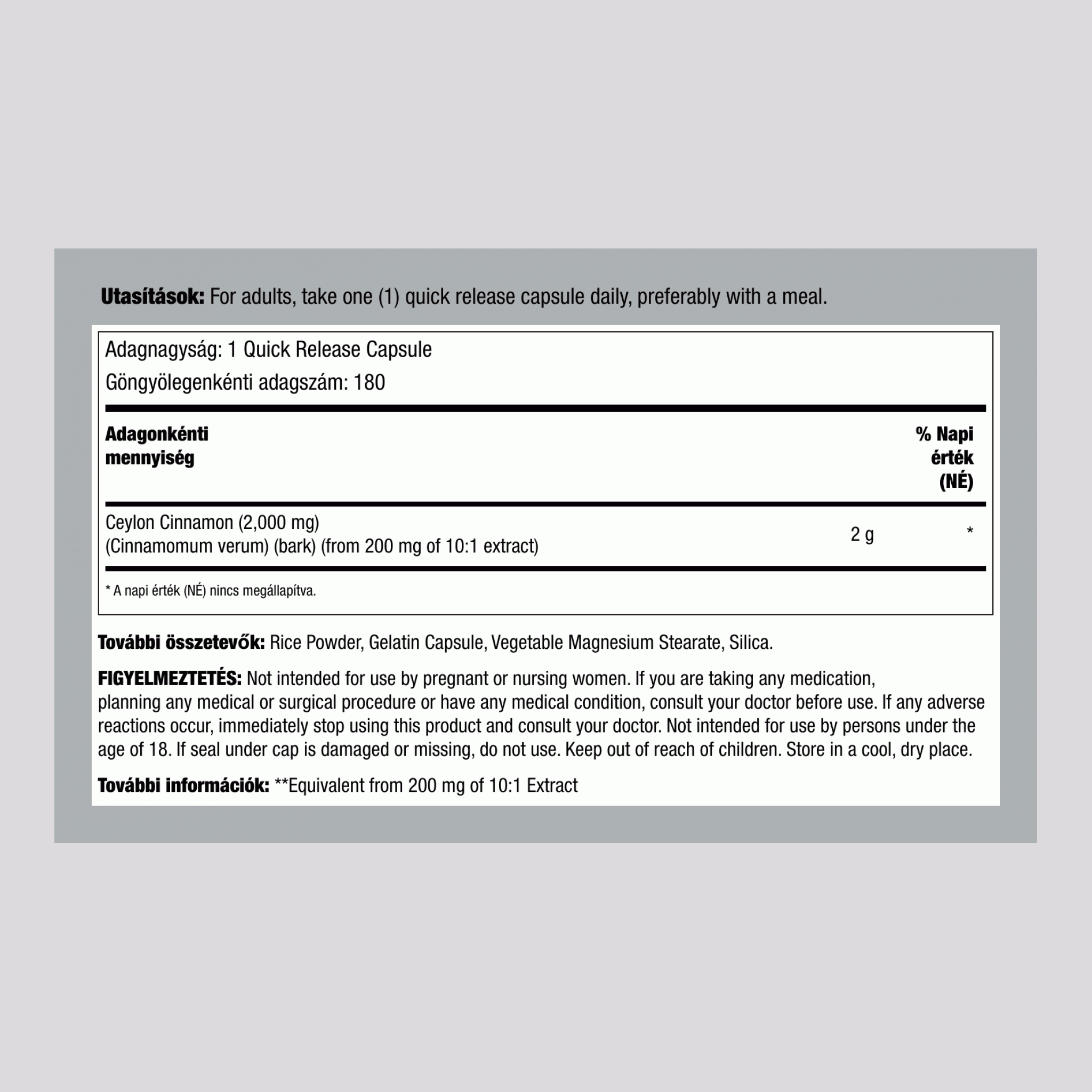 Cejloni fahéj,  2000 mg 180 Kapszulák 2 Palackok