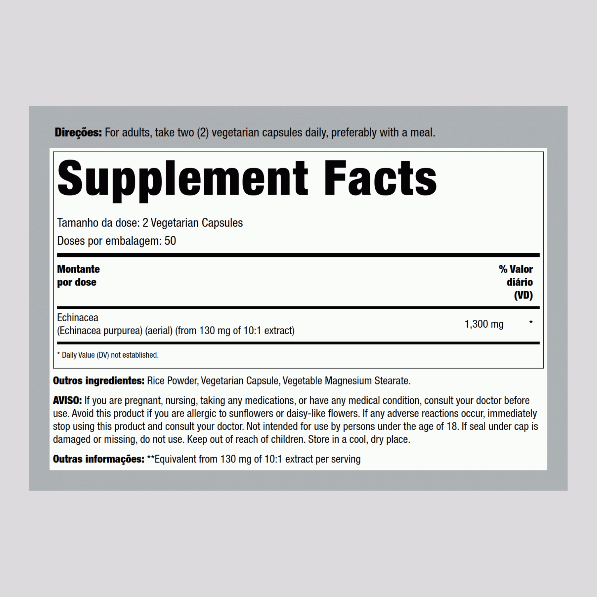 Equinácea erva 1300 mg (por dose) 100 Cápsulas vegetarianas     