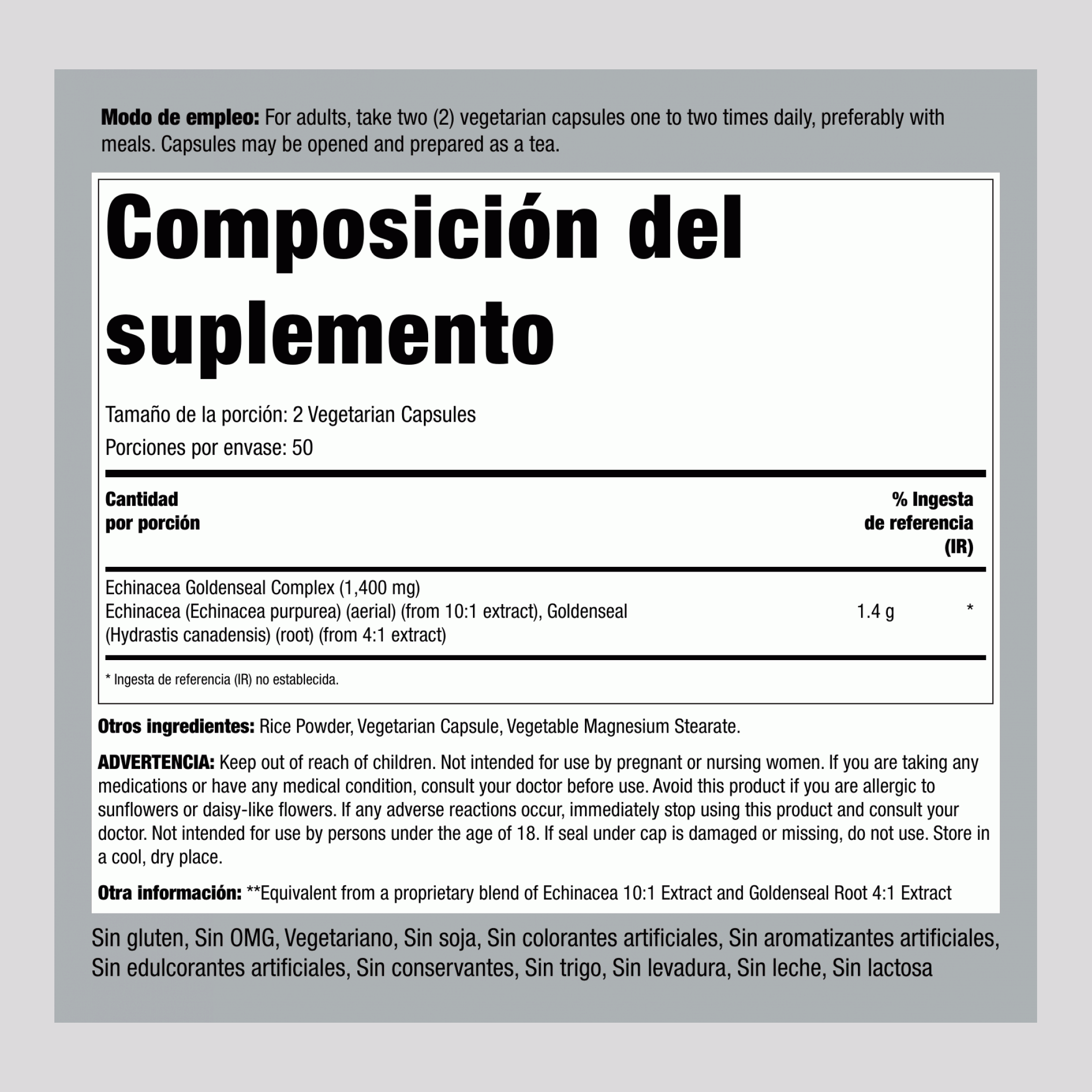 EchinaceaSello de oro 1400 mg (por porción) 100 Cápsulas vegetarianas     