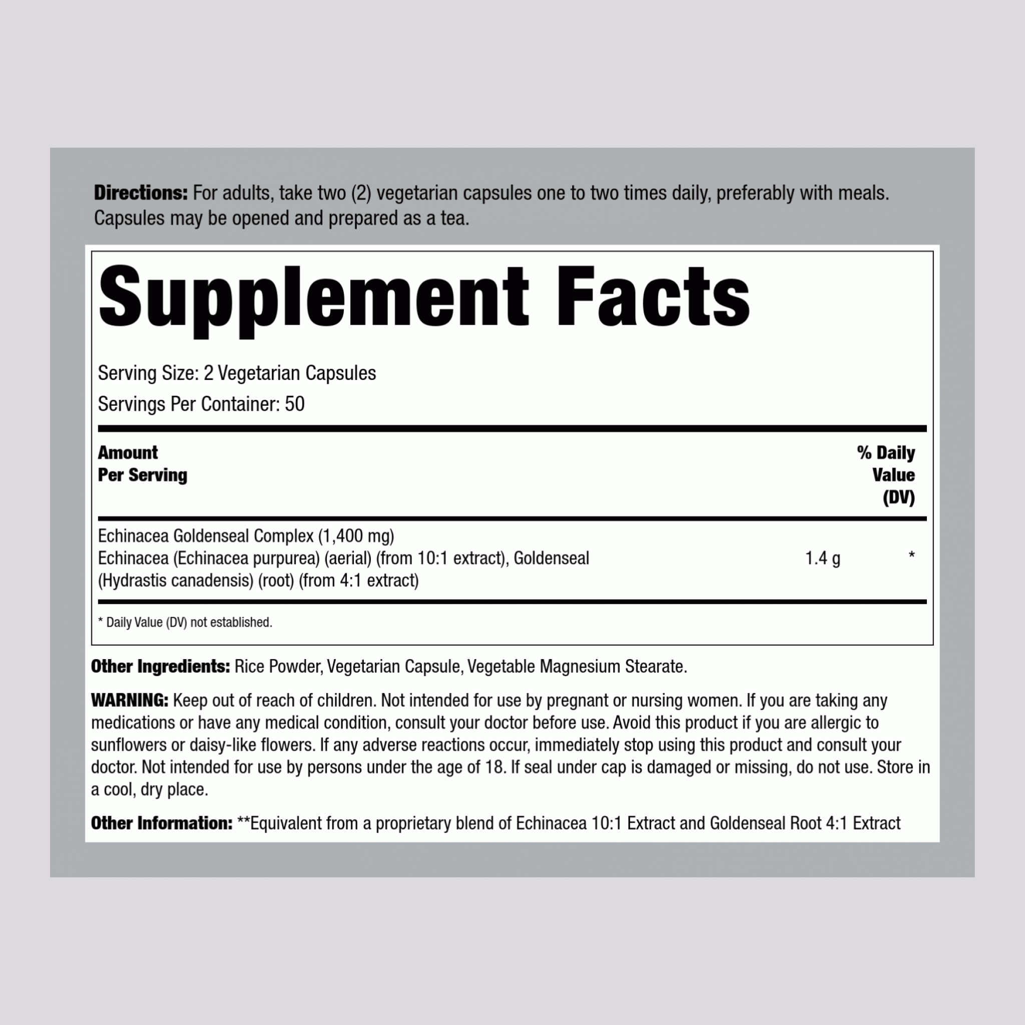 Echinacea Goldenseal, 1400 mg (per serving), 100 Vegetarian Capsules