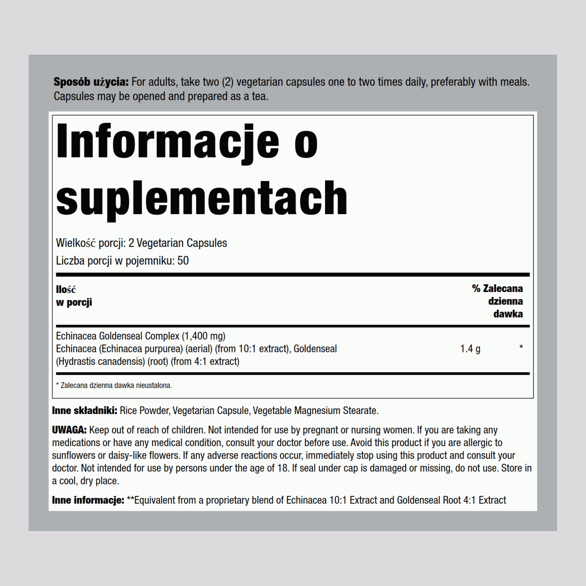 Echinacée Hydraste du Canada,  1400 mg (par portion) 100 Gélules végétales 2 Bouteilles