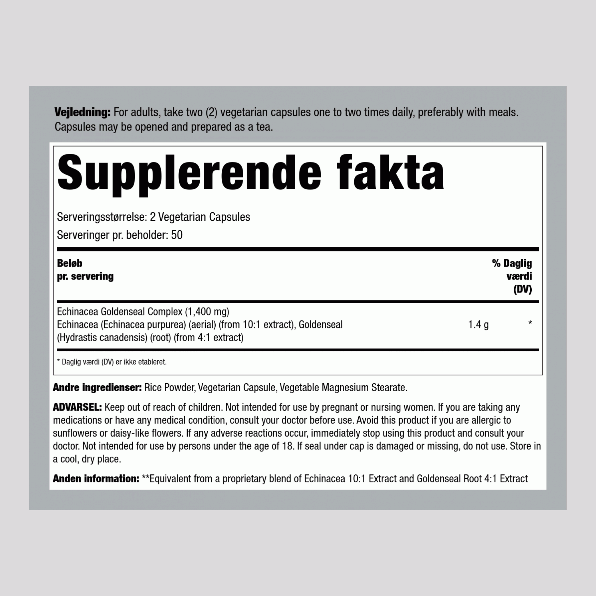 Echinacée Hydraste du Canada,  1400 mg (par portion) 100 Gélules végétales 2 Bouteilles