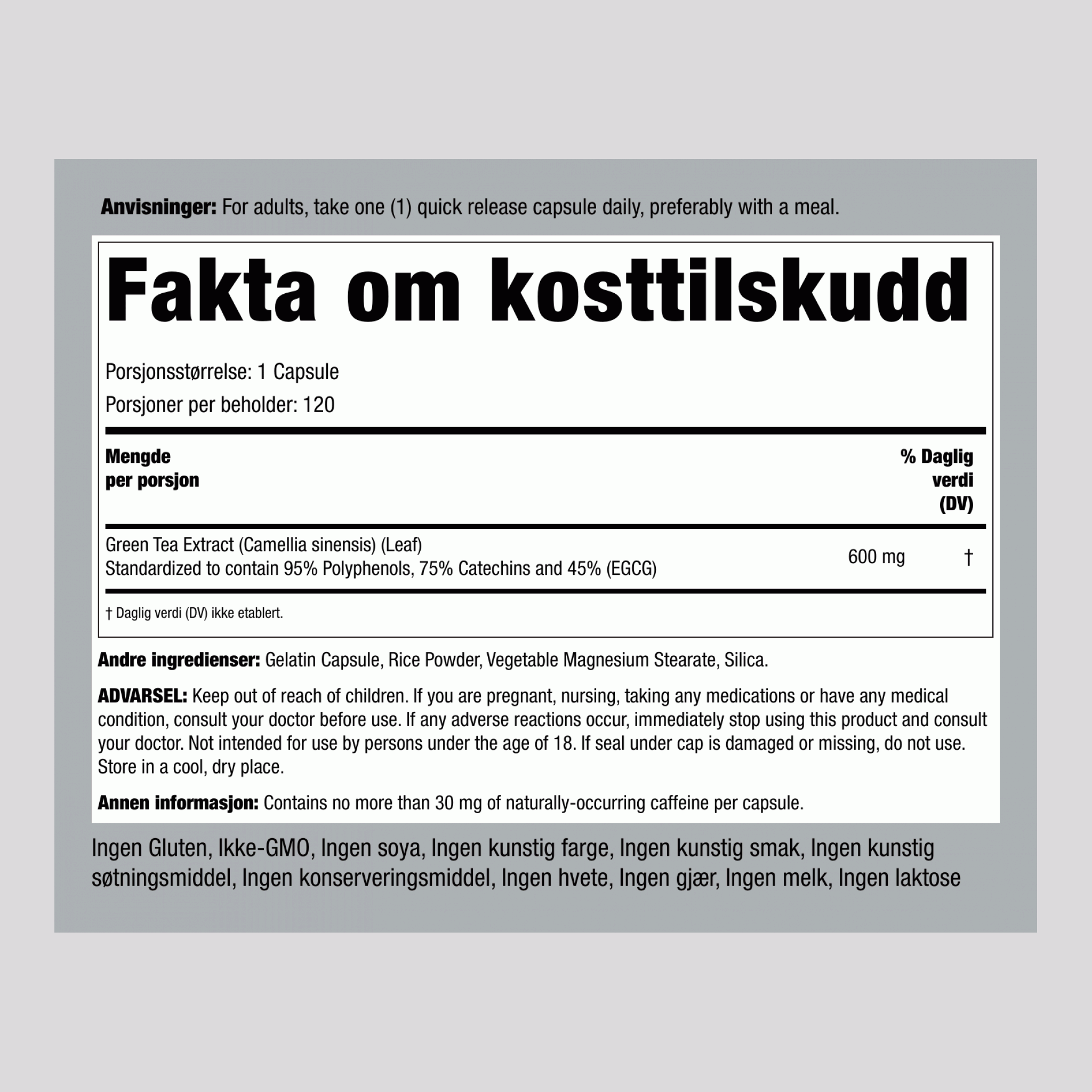 Ekstrakt av grønn te 600 mg 120 Kapsler     