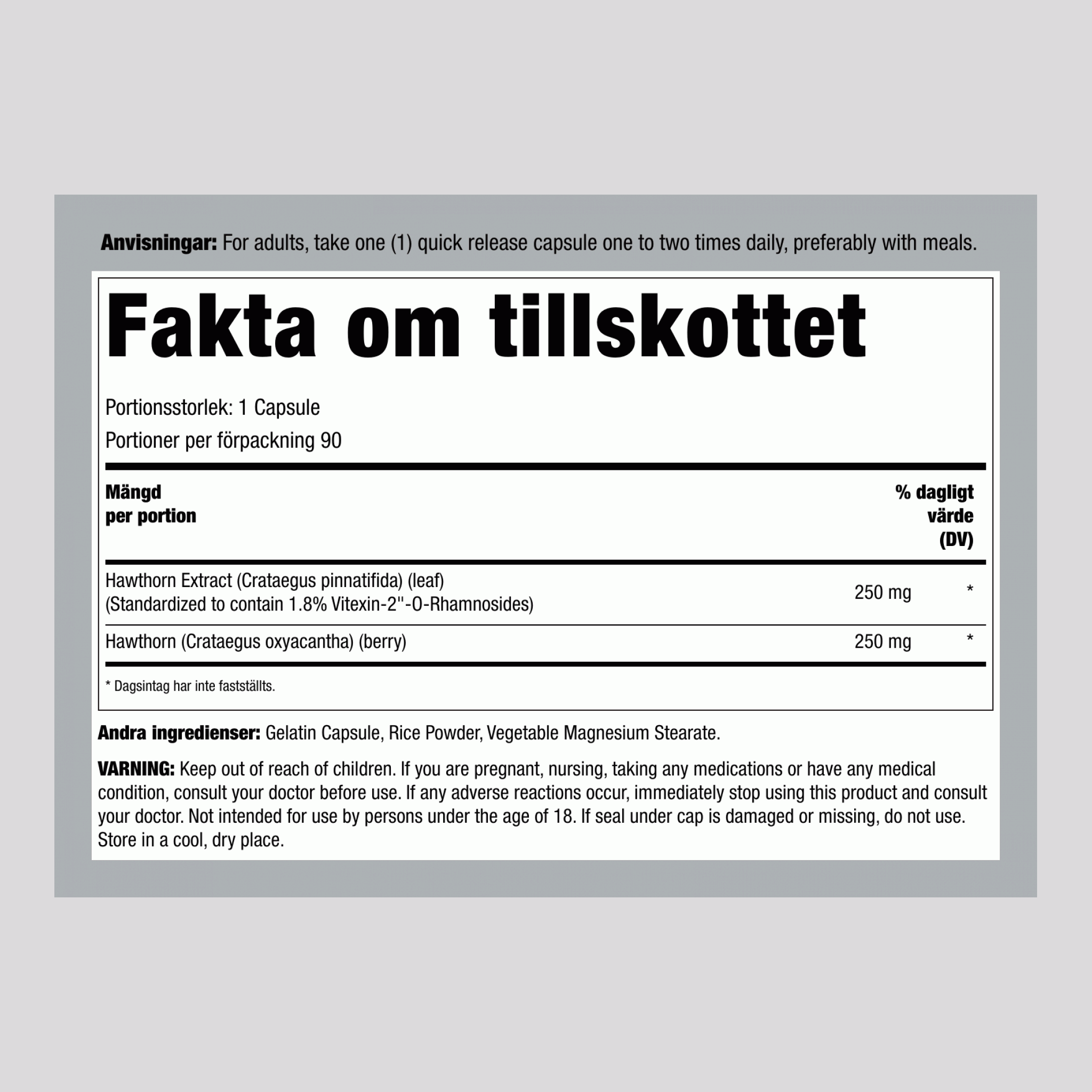 Standardiserat hagtornsextrakt 250 mg 90 Kapslar     