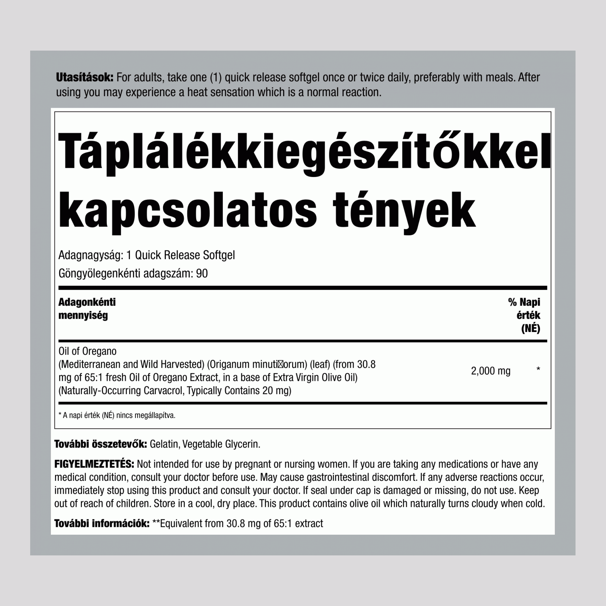 Oregánó Olaj Kivonat, 2000 mg, 90 Lágyzselatin kapszula