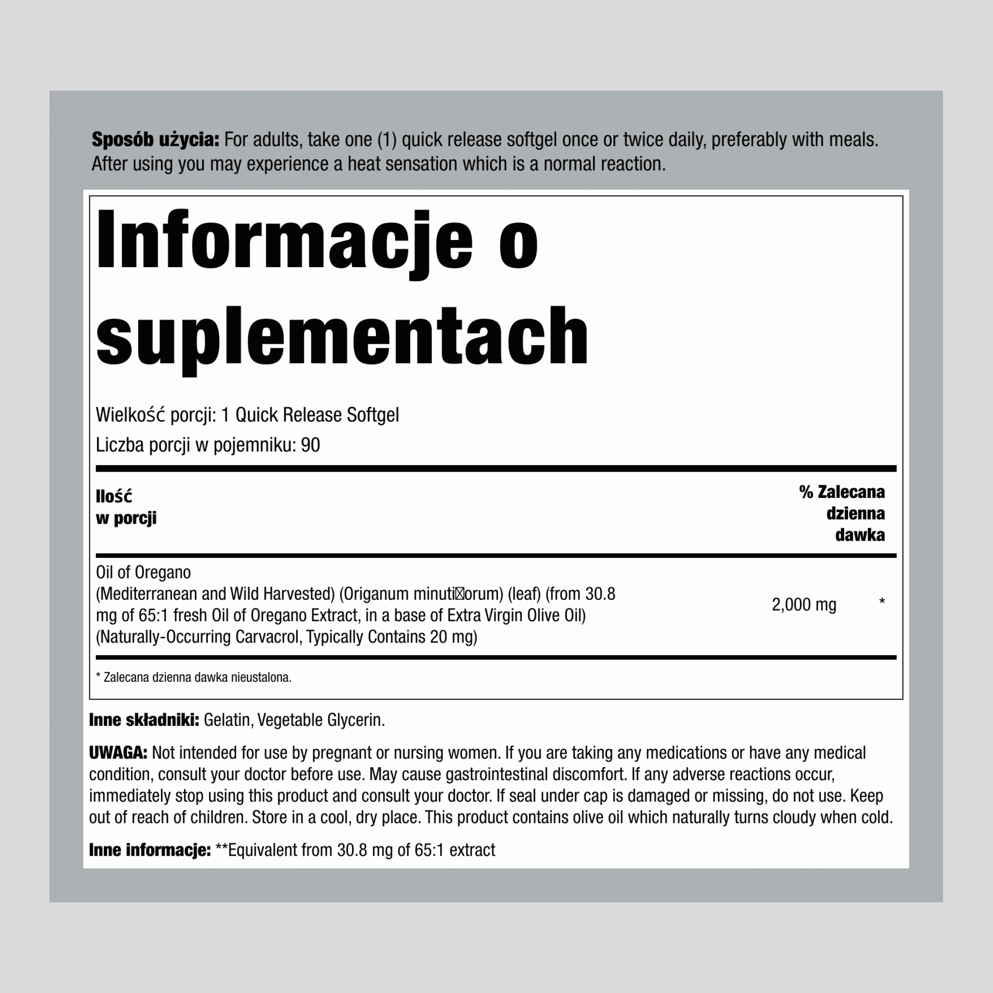 Ekstrakt z Oleju Oregano, 2000 mg, 90 kapsułek miękkich