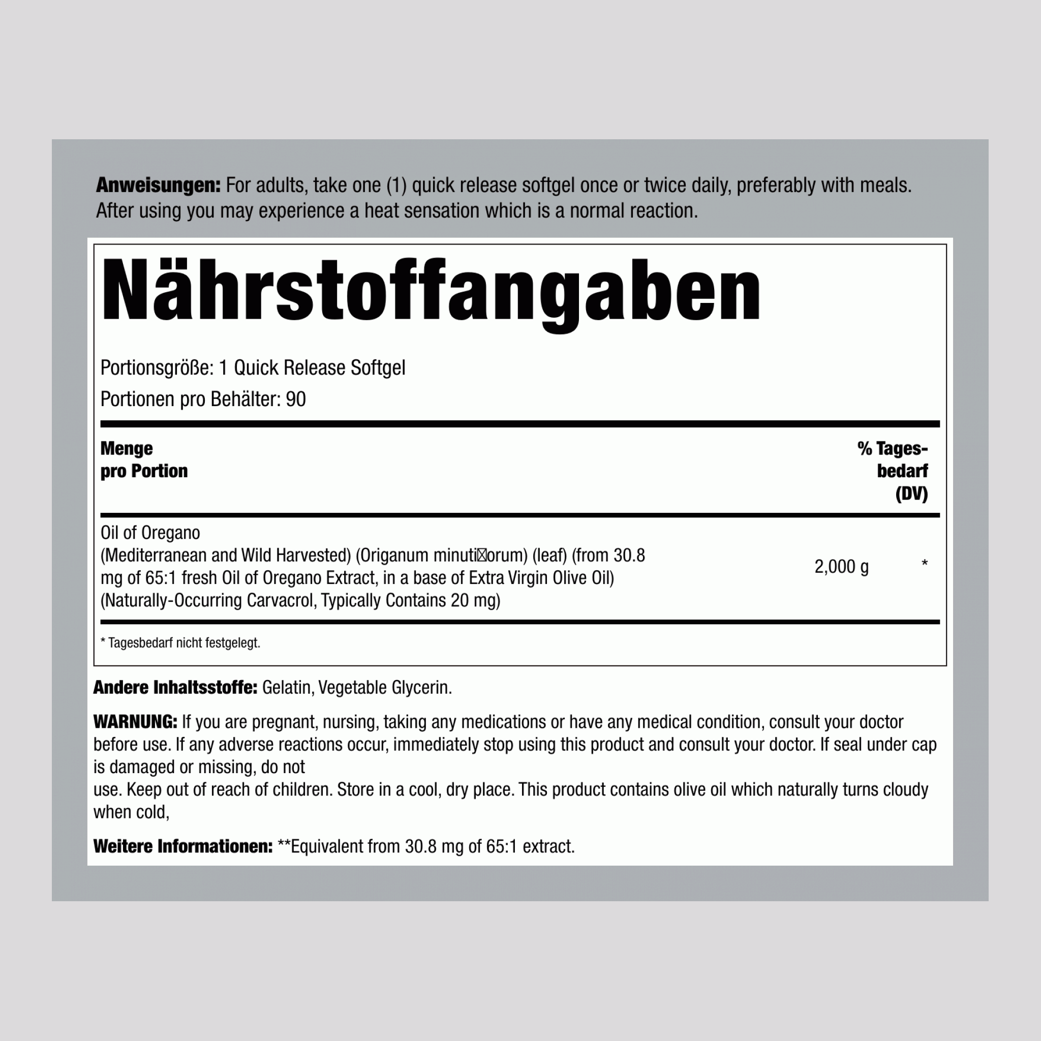 Oreganoöl-Extrakt,  2000 mg 90 Weichkapseln 2 Flaschen