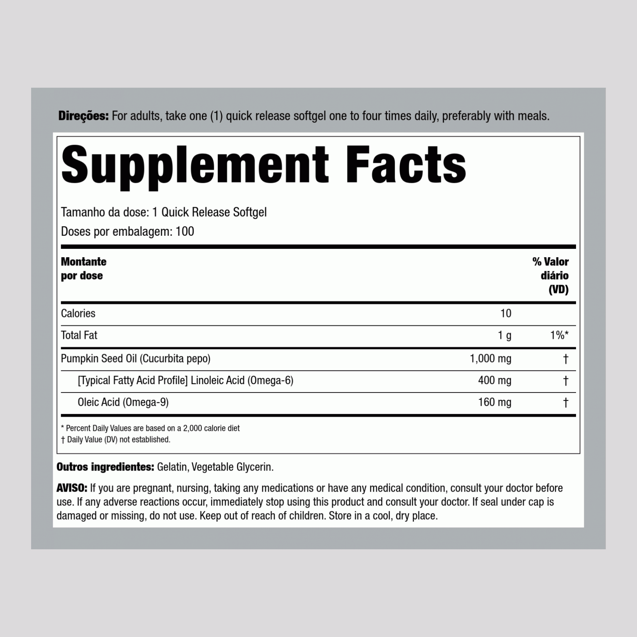 Óleo de sementes de abóbora  1000 mg 100 Gels de Rápida Absorção     