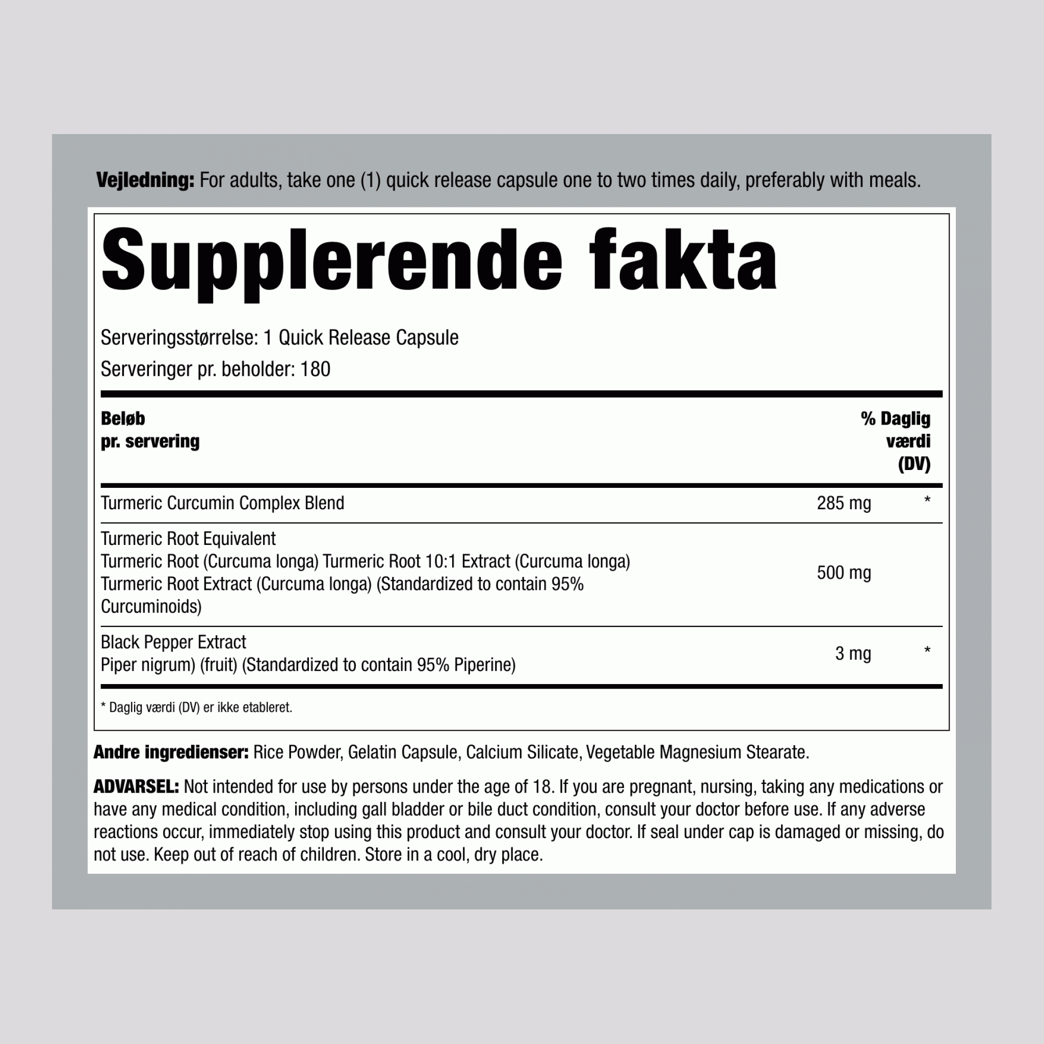 Turmeric Curcumin Standardiseret Ekstrakt, 500 mg, 180 Hurtig Frigivelse Kapsler