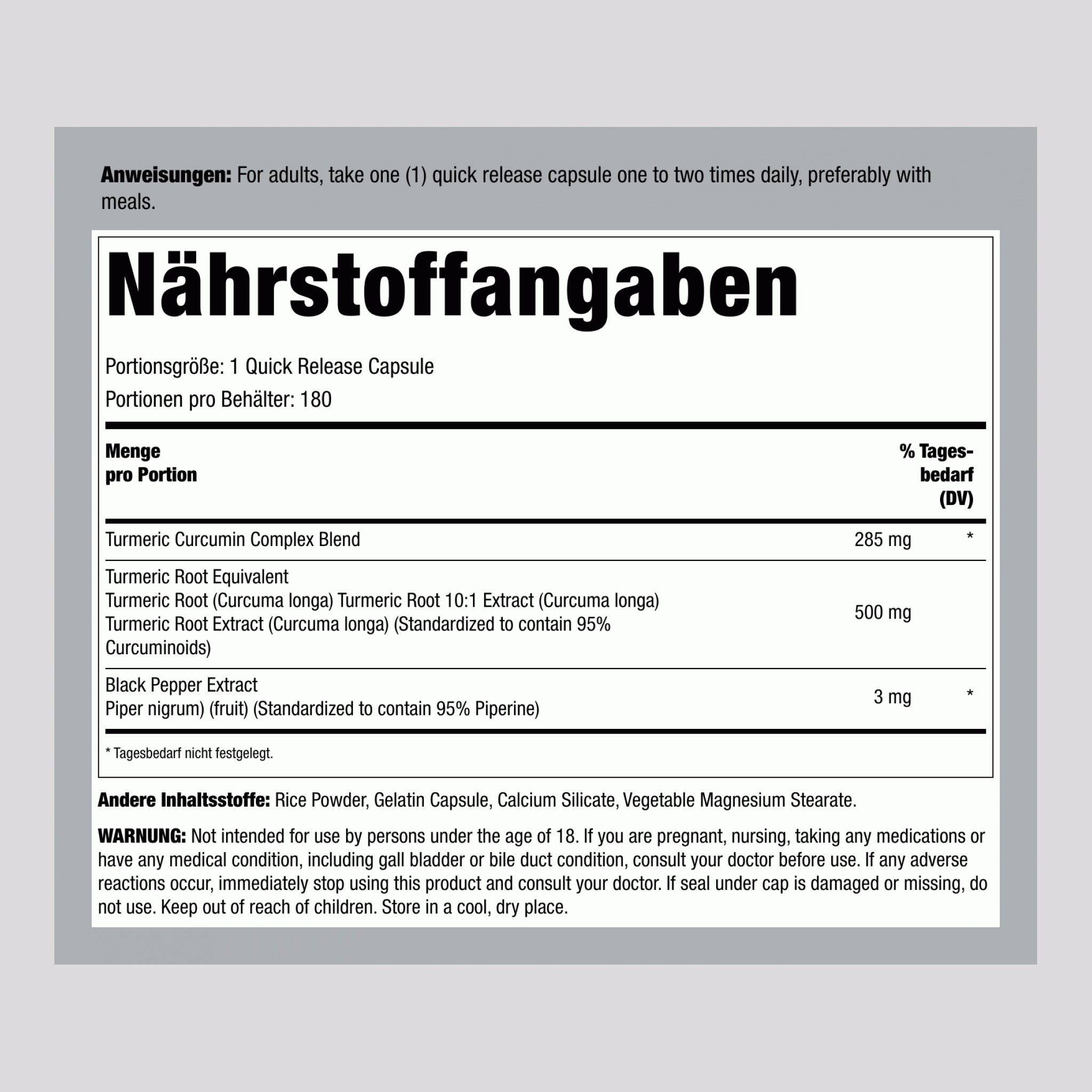 Standardisierter Curcumin-Extrakt aus Kurkuma, 500 mg, 180 Kapseln mit schneller Freisetzung