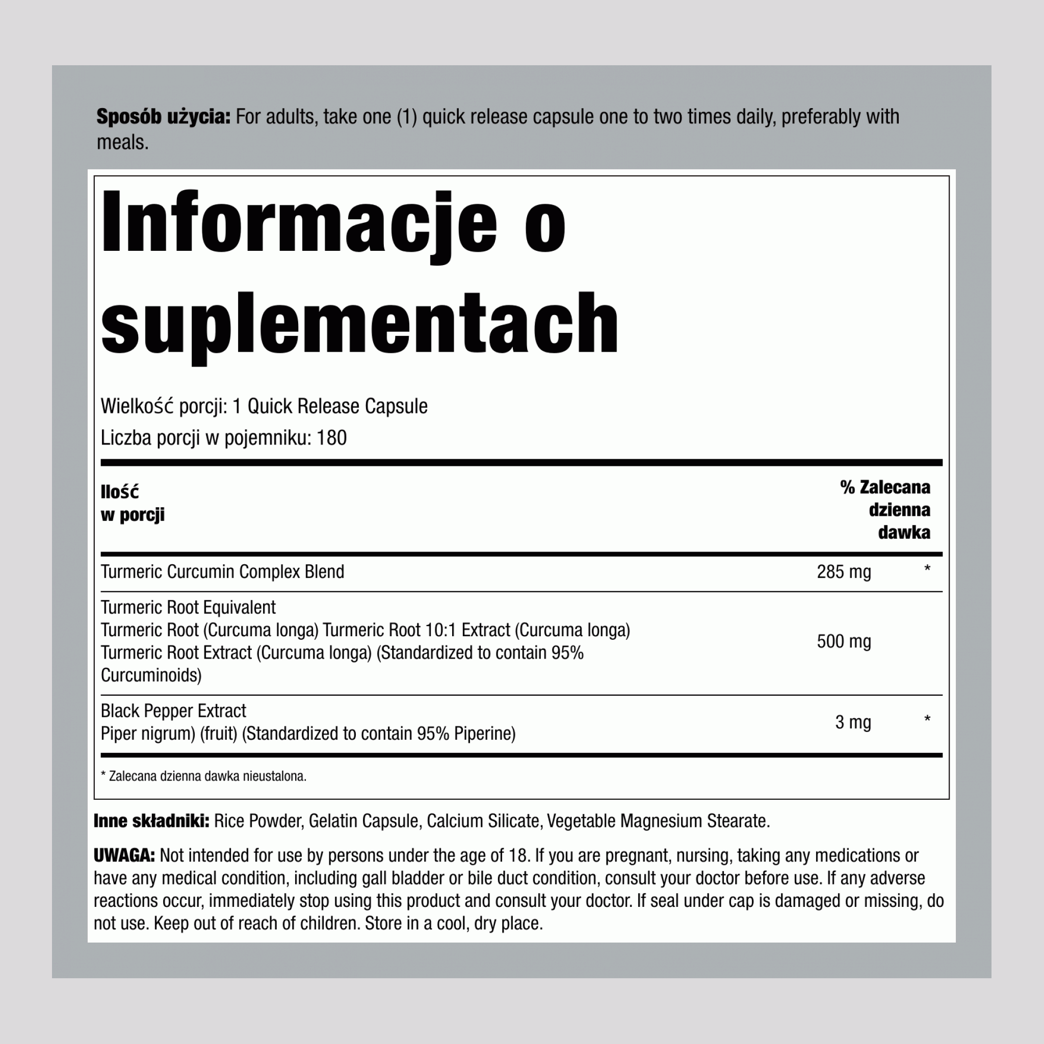 Standaryzowany Ekstrakt Kurkumy, 500 mg, 180 Kapsułek o Szybkim Uwalnianiu