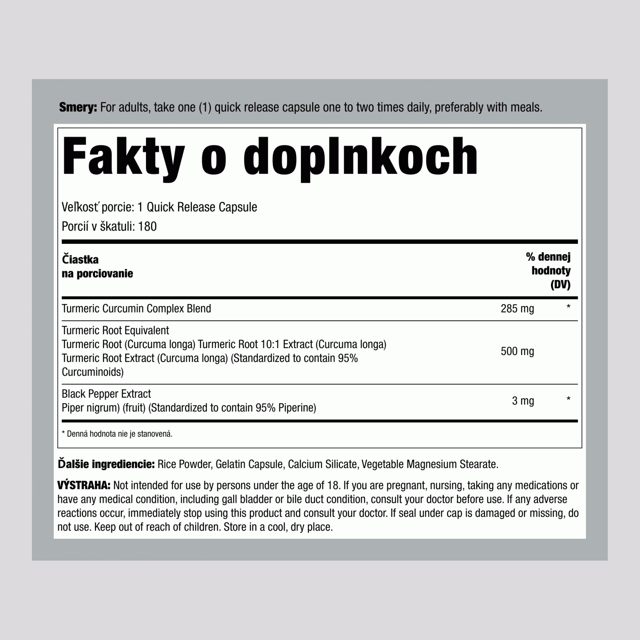 Štandardizovaný extrakt z kurkumínu, 500 mg, 180 kapsúl s rýchlym uvoľňovaním