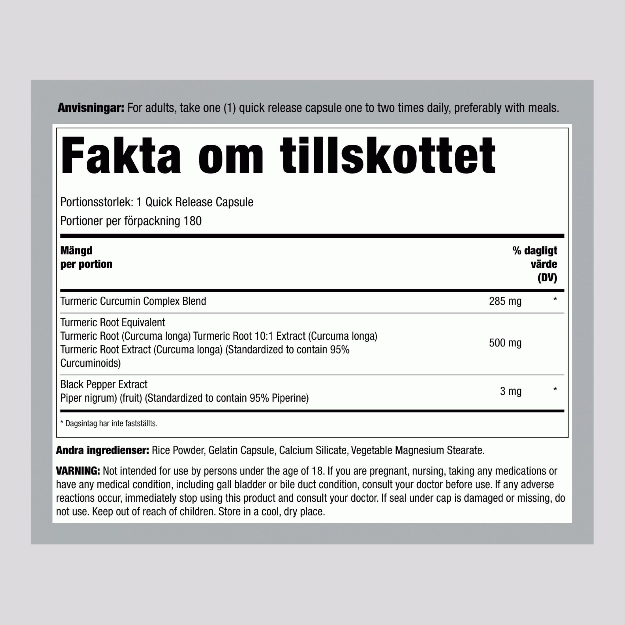 Standardiserat extrakt av gurkmeja curcumin, 500 mg, 180 snabbfrisläppande kapslar
