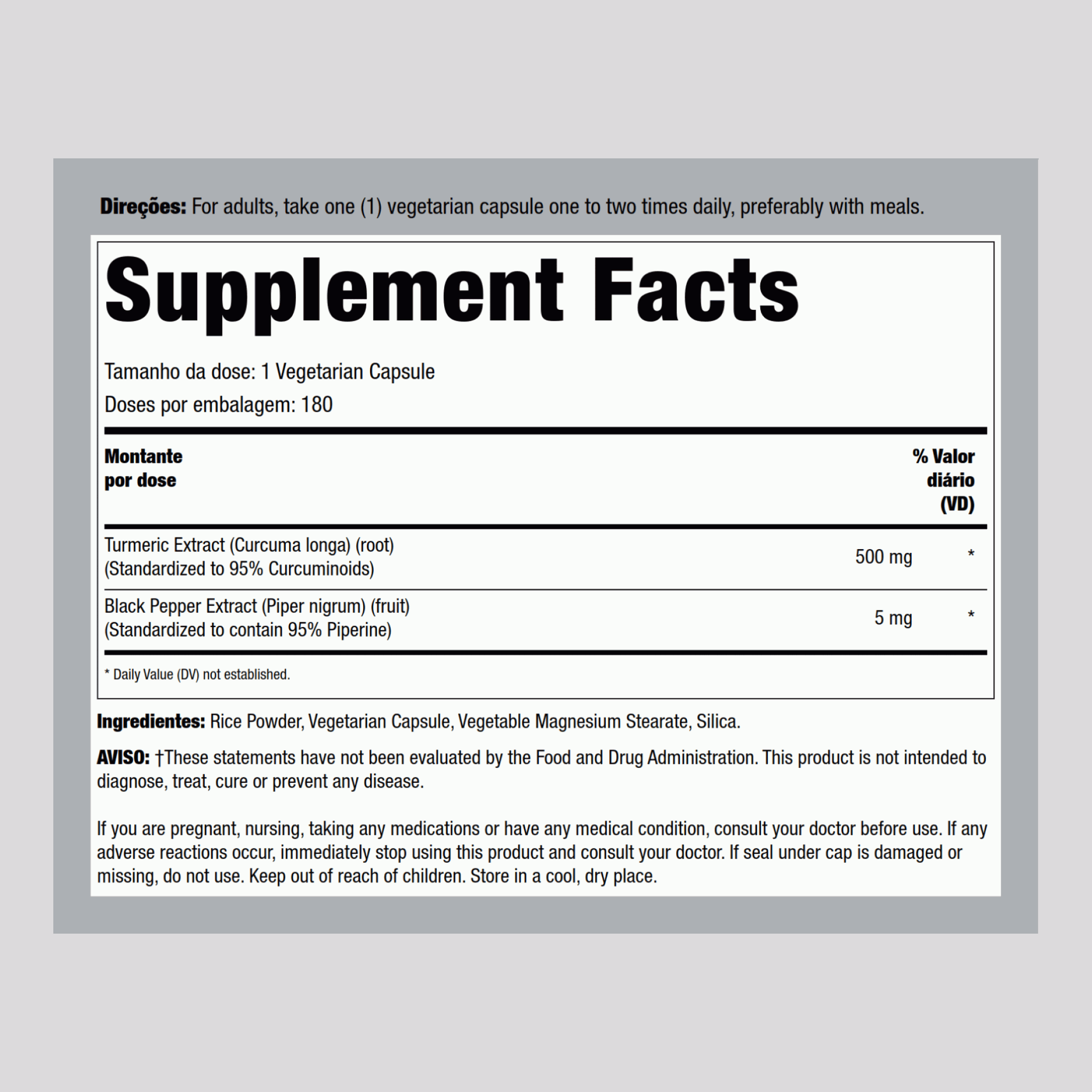Extrato padronizado de cúrcuma 500 mg 180 Cápsulas vegetarianas     