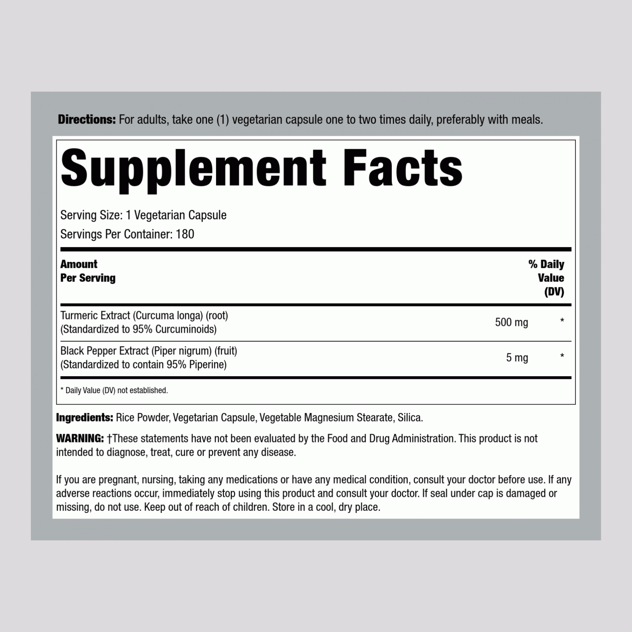薑黃標準化提取物 500 mg 180 素食專用膠囊     