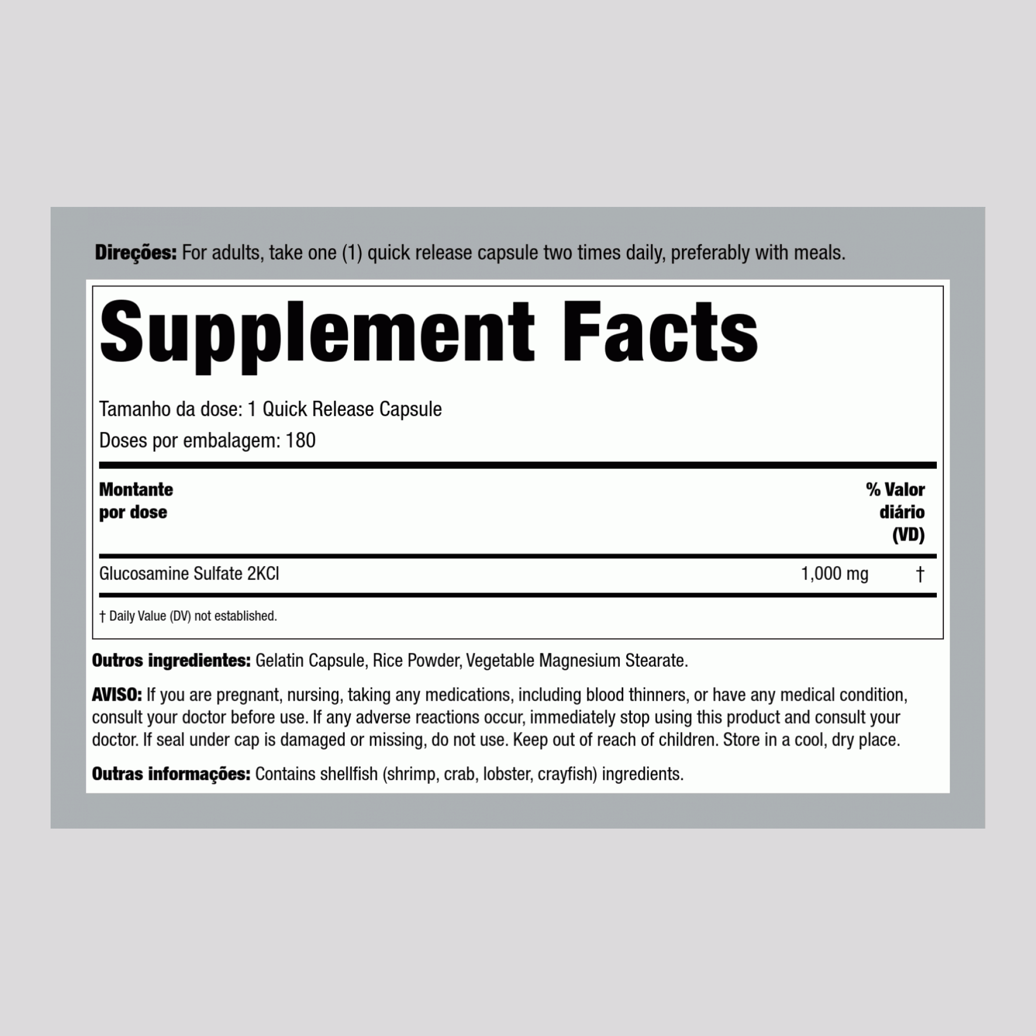 Sulfato de glucosamina  1,000 mg 180 Cápsulas de Rápida Absorção     