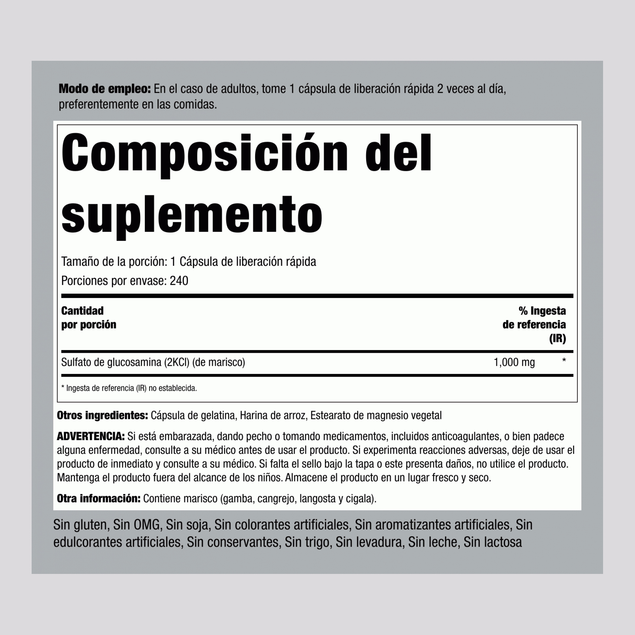 Sulfato de glucosamina Mega  1000 mg 240 Cápsulas de liberación rápida     