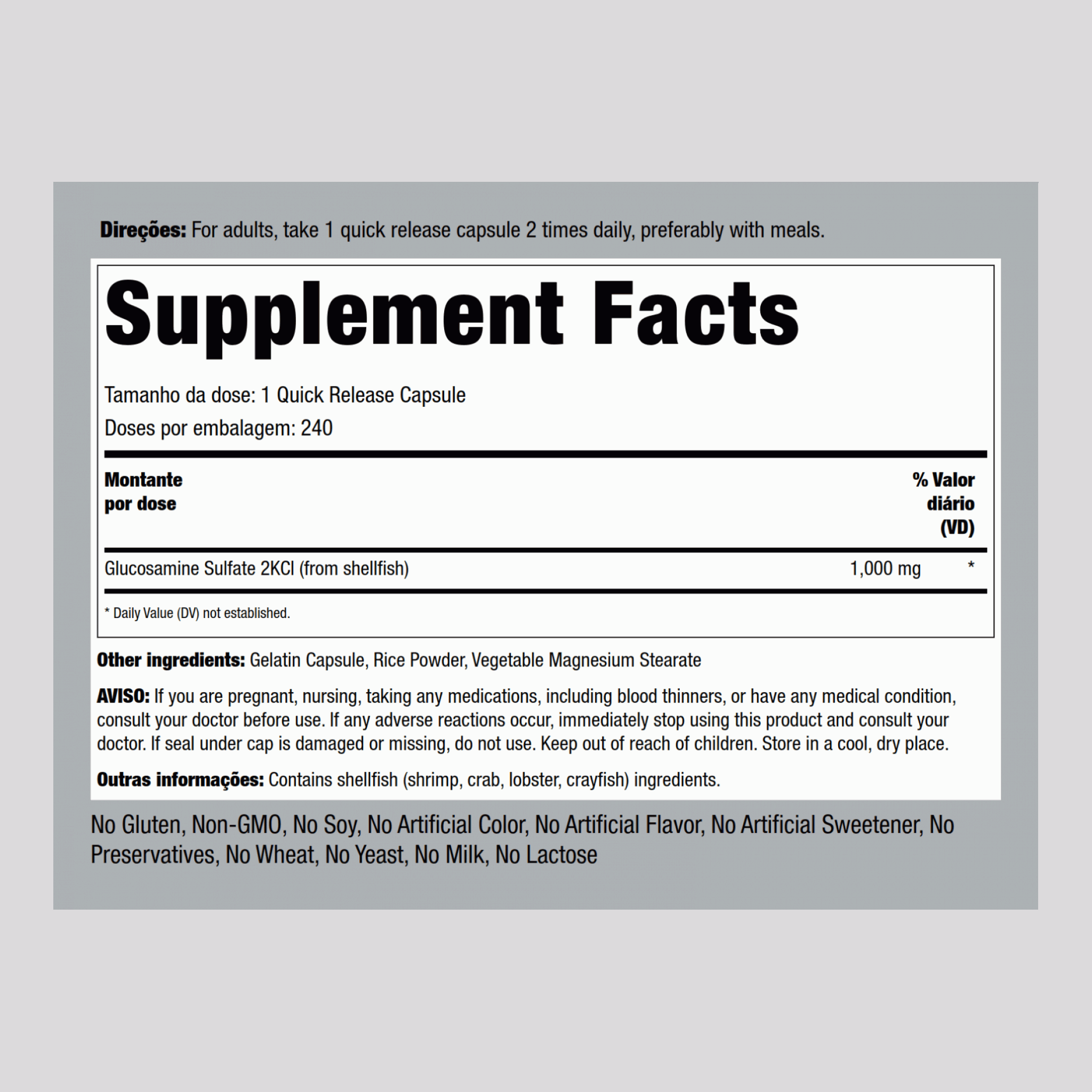 Mega sulfato de glucosamina  1000 mg 240 Cápsulas de Rápida Absorção     