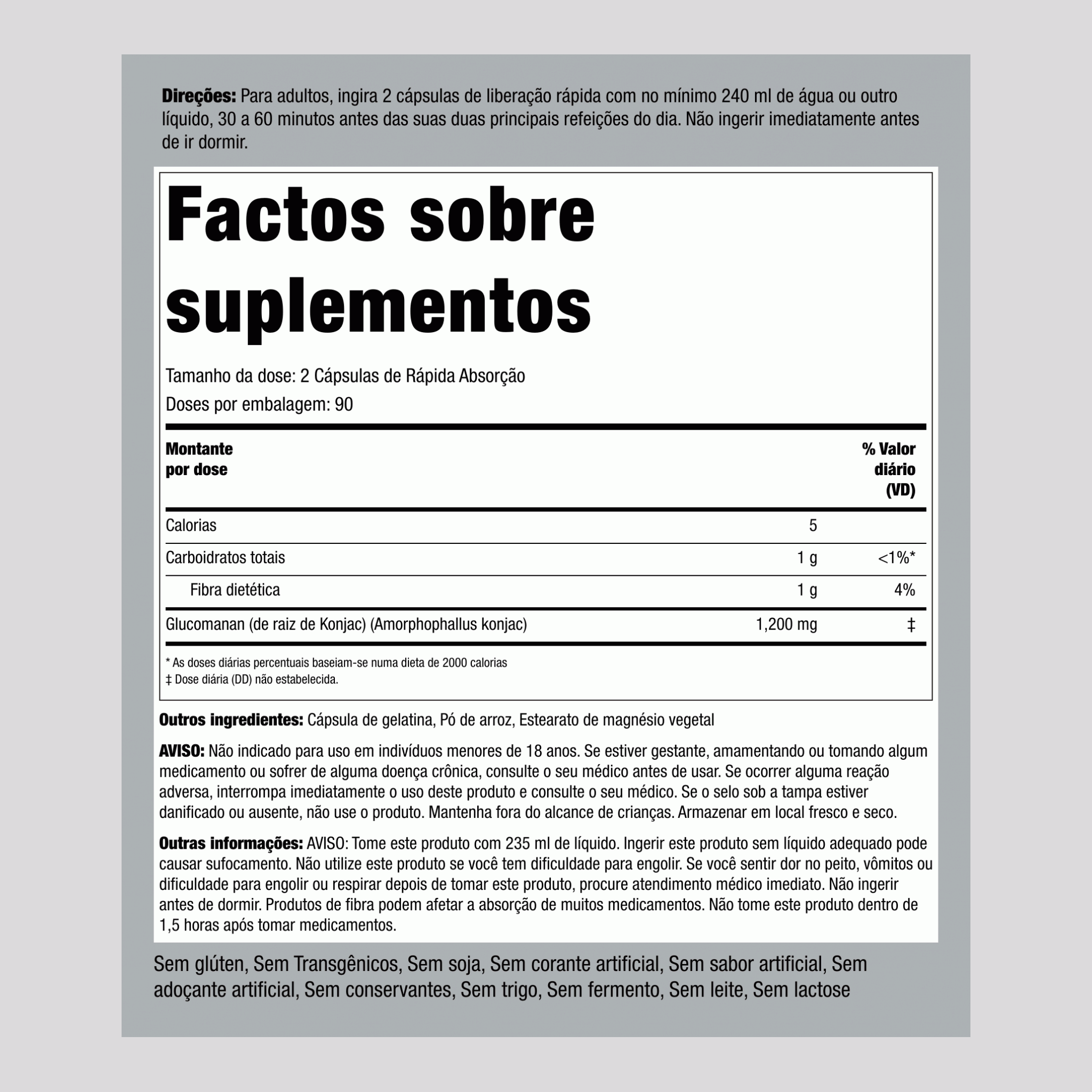 Fibra de Raiz de Konjac Glucomanan, 600 mg, 180 Cápsulas de Liberação Rápida