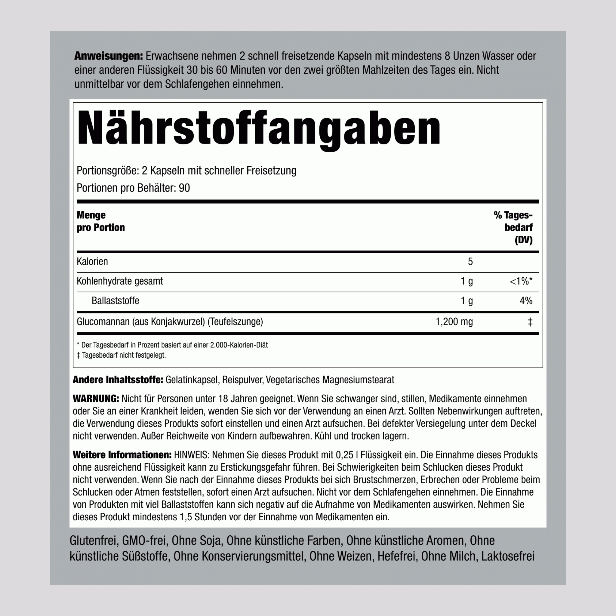 Konjacwurzel-Faser Glucomannan, 600 mg, 180 Schnellfreisetzende Kapseln, 2 Flaschen