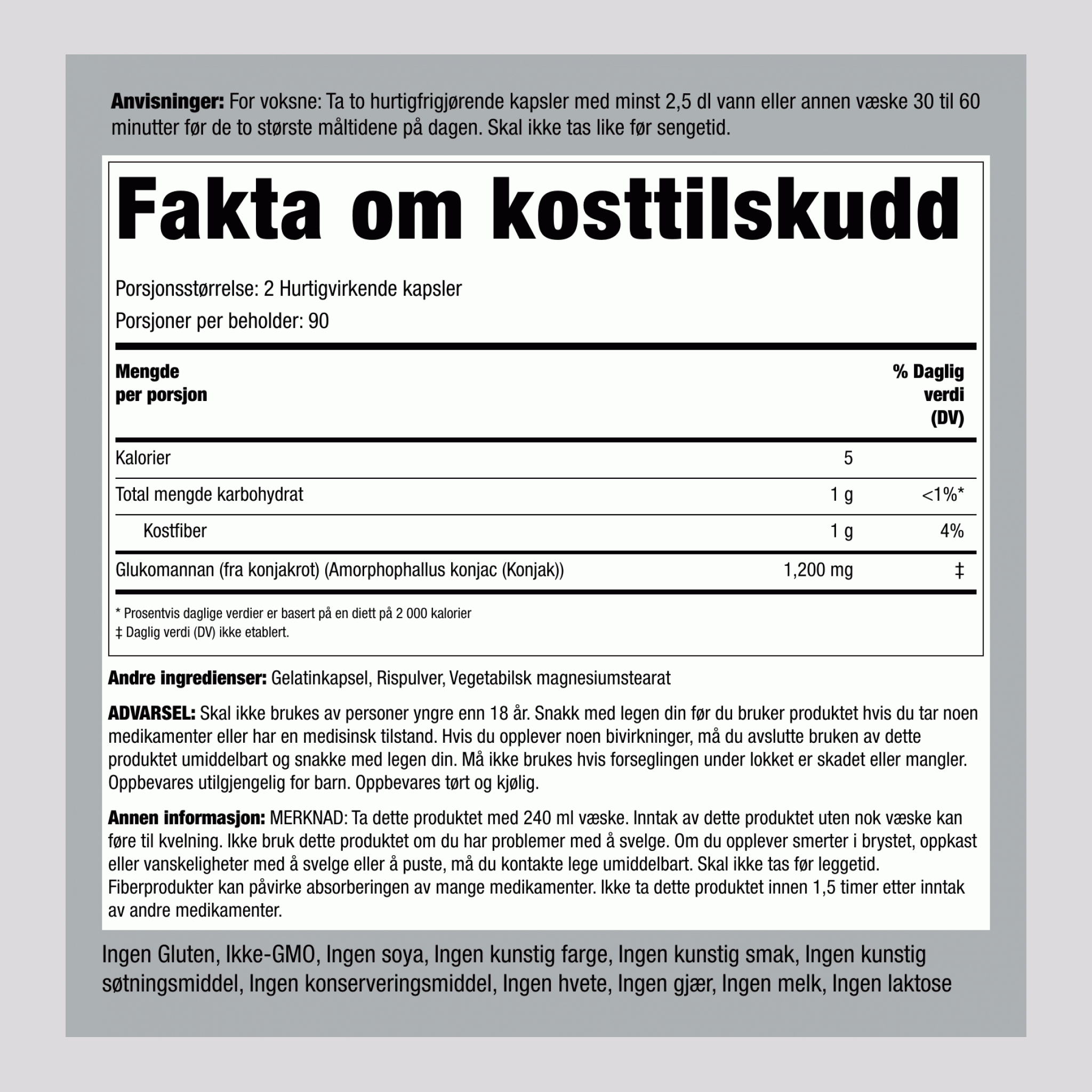 Konjakrotfiber Glukomannan, 600 mg, 180 Raskfrigjørende Kapsler, 2 Flasker
