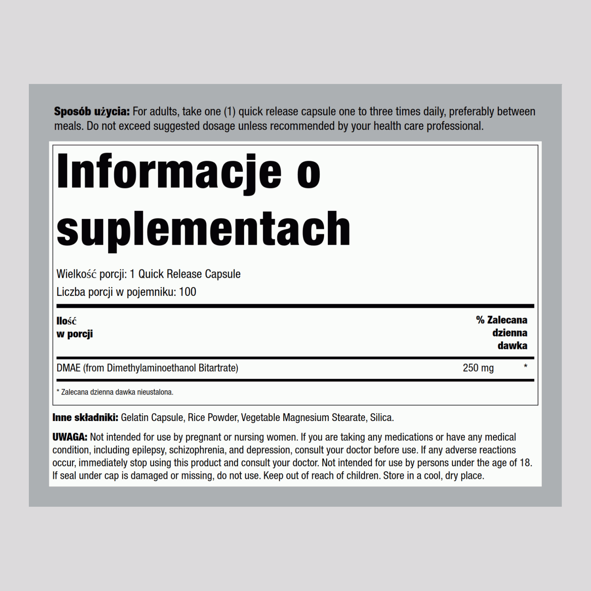 DMAE (Dimethylaminoethanol) 250 mg 100 Kapsułki o szybkim uwalnianiu     