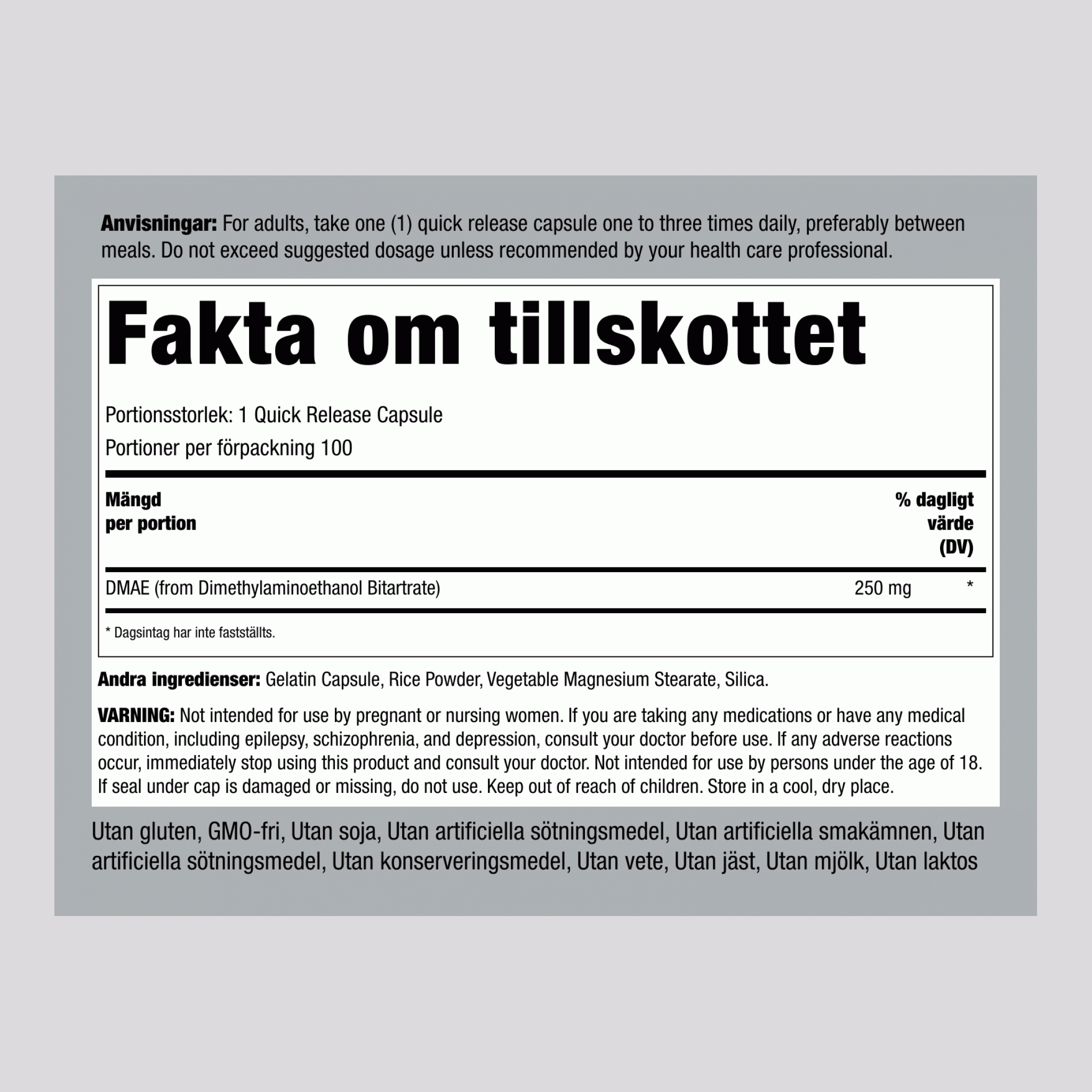 DMAE (Dimethylaminoethanol) 250 mg 100 Snabbverkande kapslar     