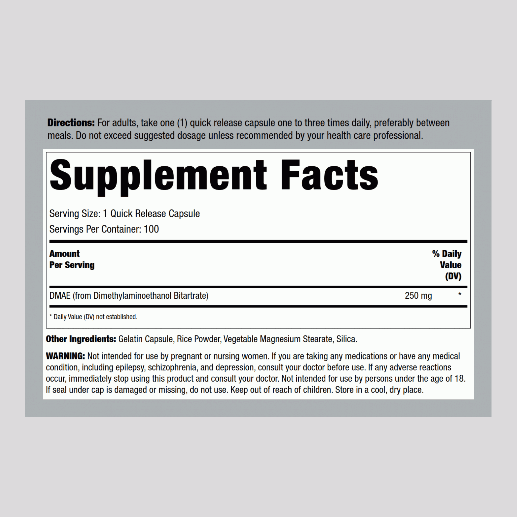 二甲基乙醇胺 (DMAE) (Dimethylaminoethanol) 250 mg 100 快速釋放膠囊     