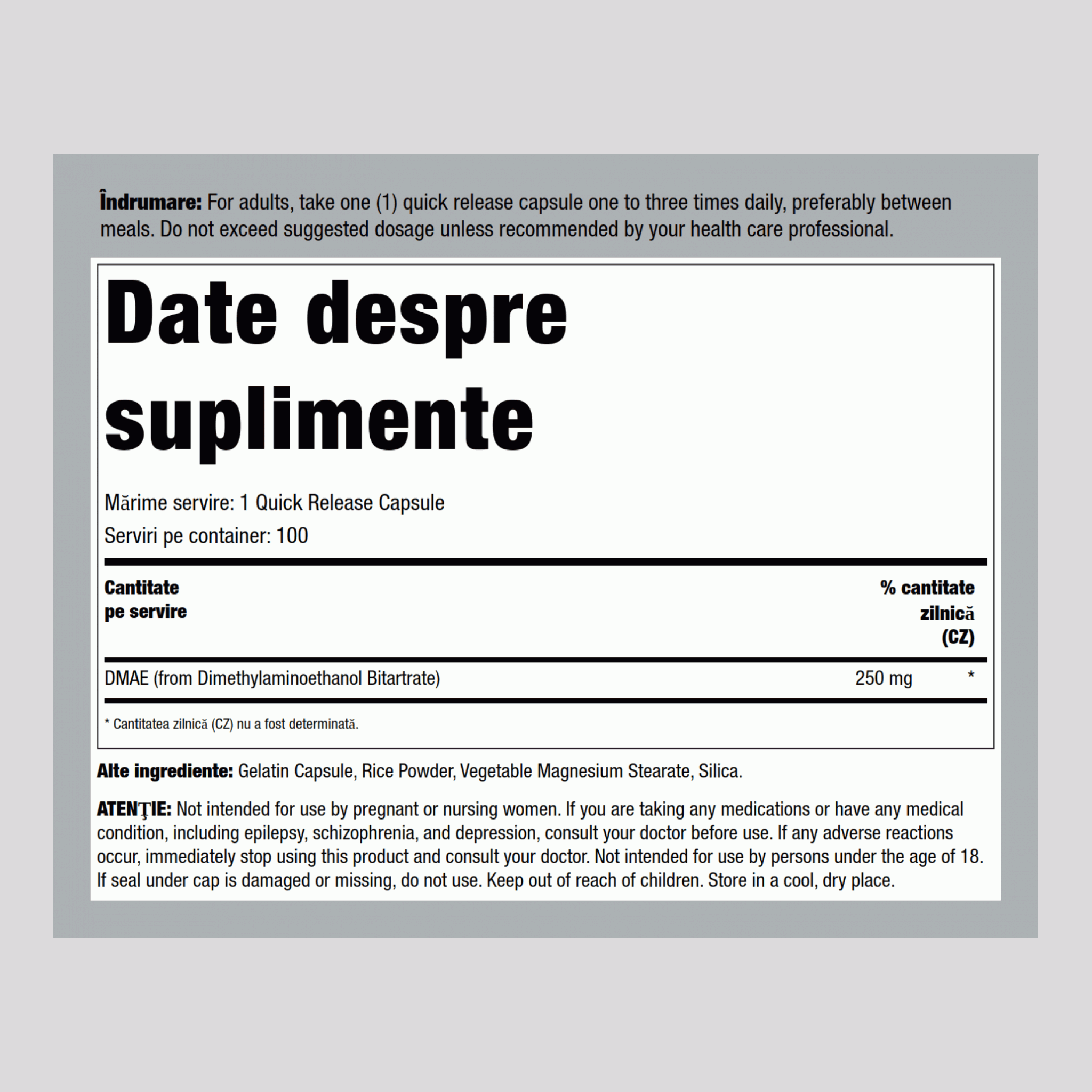 DMAE (Dimethylaminoethanol) 250 mg 100 Capsule cu eliberare rapidă     