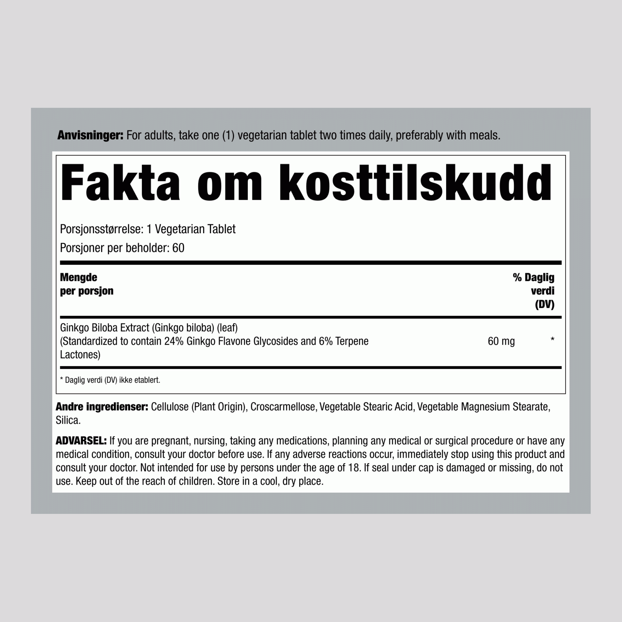 Ginkgo Biloba Standardisert Ekstrakt, 60 mg, 60 Tabletter