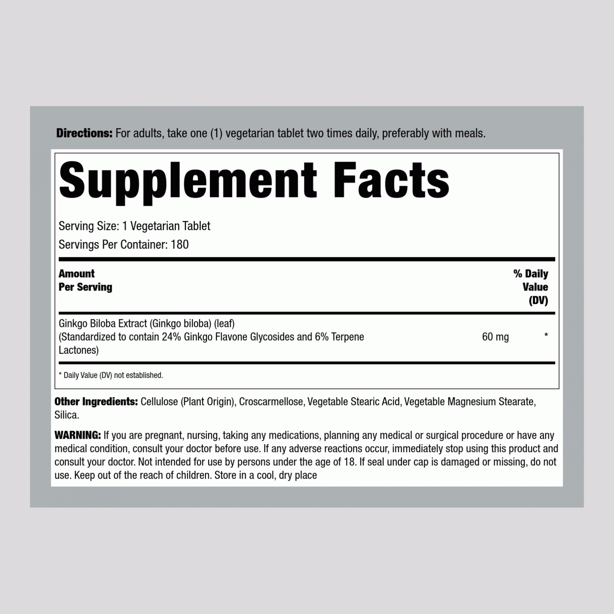 Ginkgo Biloba Standardized Extract, 60 mg, 180 Tablets