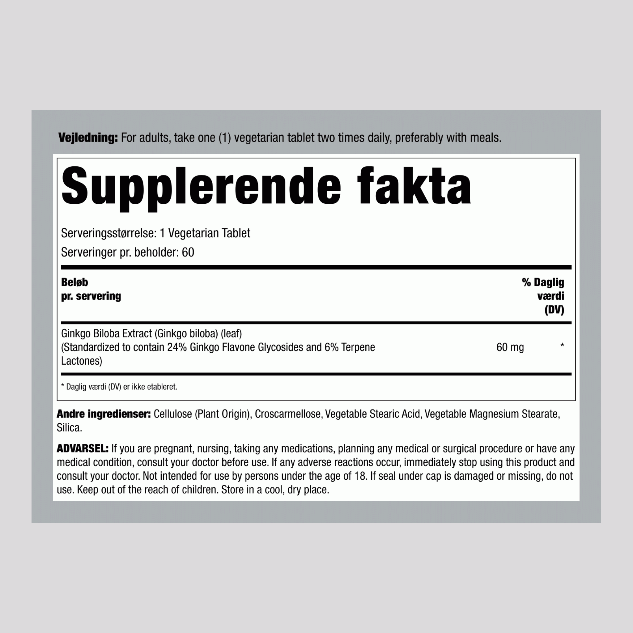 Ginkgo Biloba Standardiseret Ekstrakt, 60 mg, 60 Tabletter, 2 Flasker