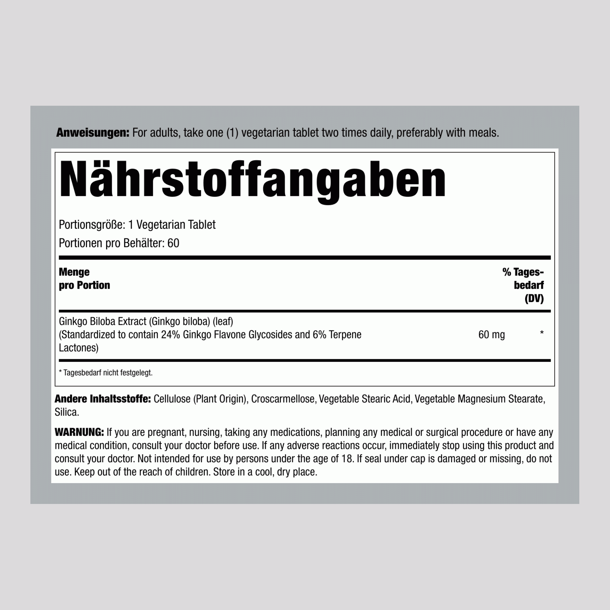 Ginkgo Biloba Standardisierter Extrakt, 60 mg, 60 Tabletten, 2 Flaschen