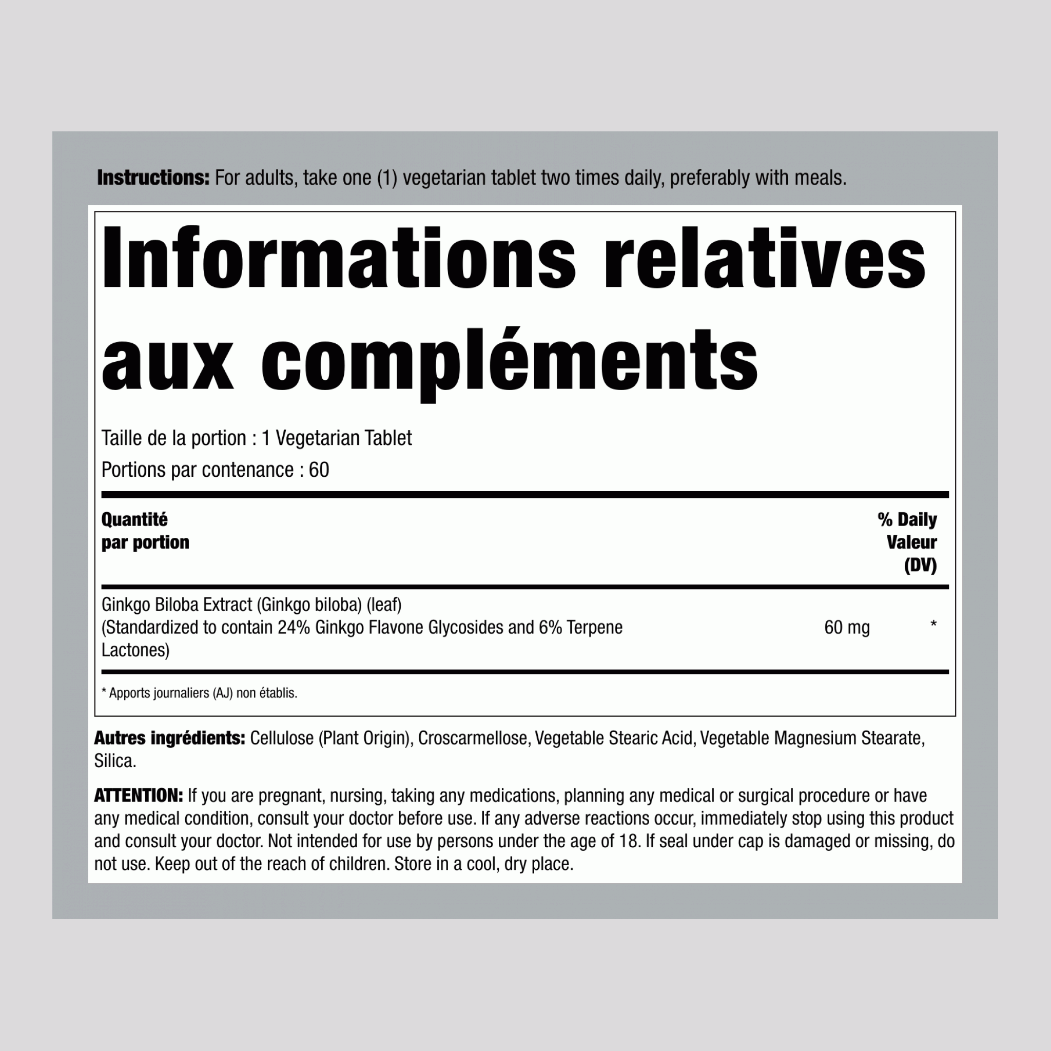 Extrait Standardisé de Ginkgo Biloba, 60 mg, 60 Comprimés, 2 Bouteilles