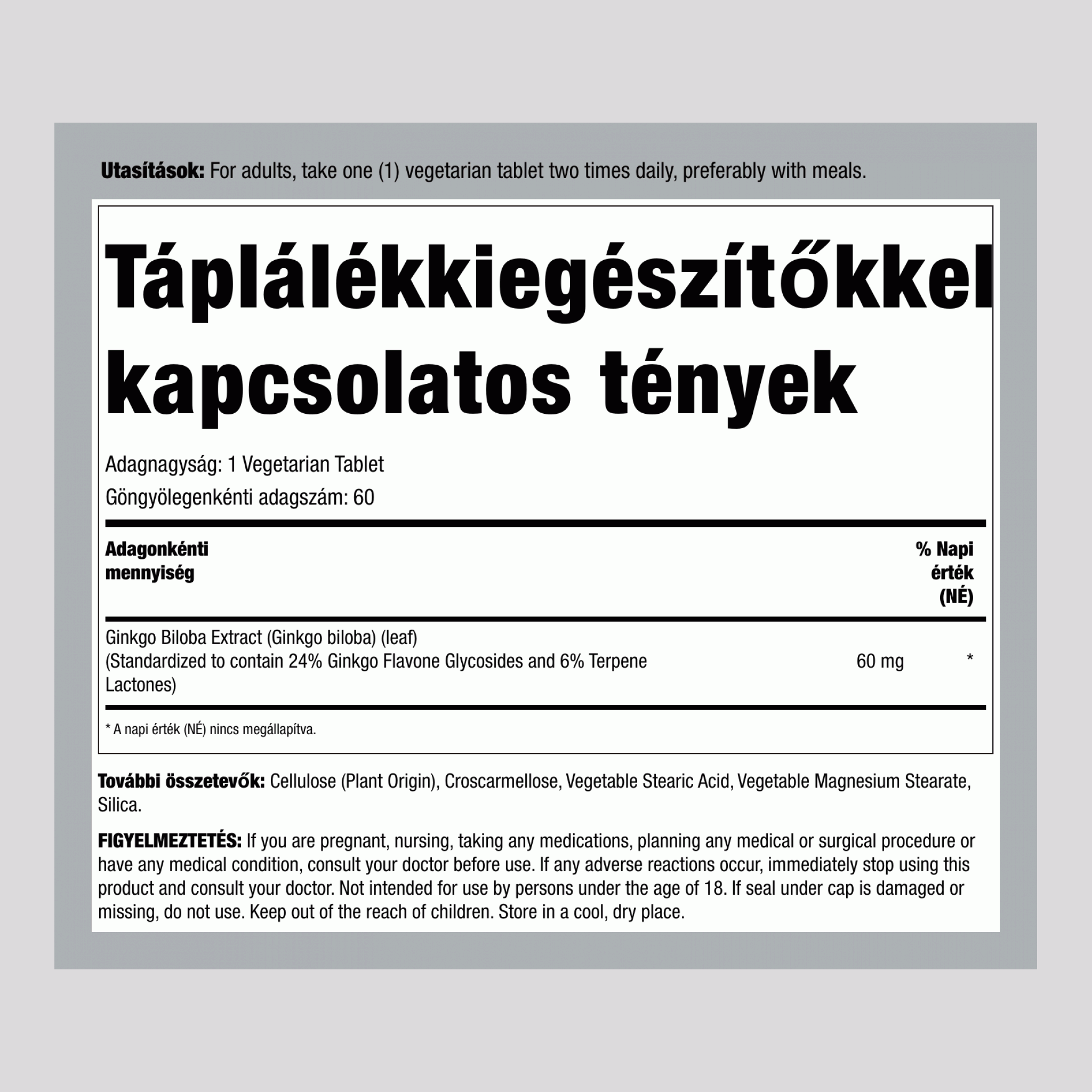 Ginkgo Biloba standardizált kivonat, 60 mg, 60 tabletta, 2 üveg