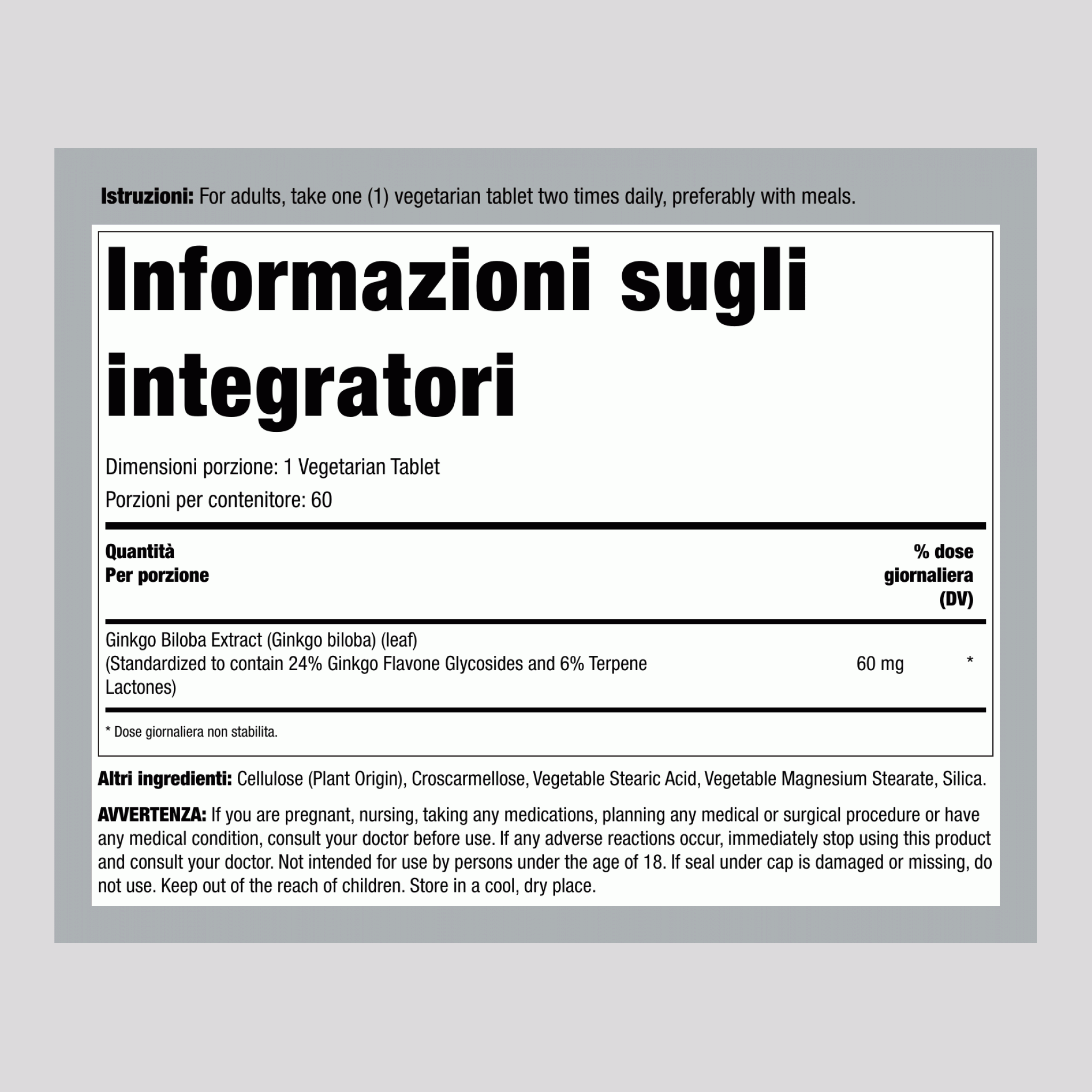 Estratto Standardizzato di Ginkgo Biloba, 60 mg, 60 Compresse, 2 Flaconi